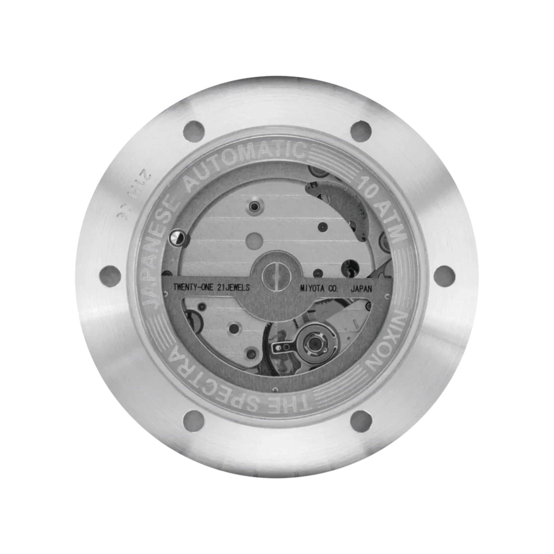 Relógio mecânico para homem Nixon Spectra Azul Marinho Sunray/Prateado. Foto da tampa traseira da caixa.