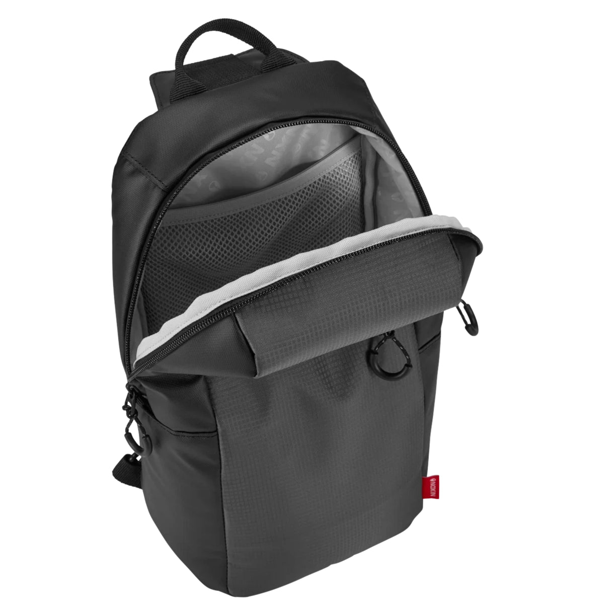 Bolsa Nixon Syndicate Sling Bag Asphalt aberta, mostrando o compartimento interior com forro cinzento e bolso em rede.