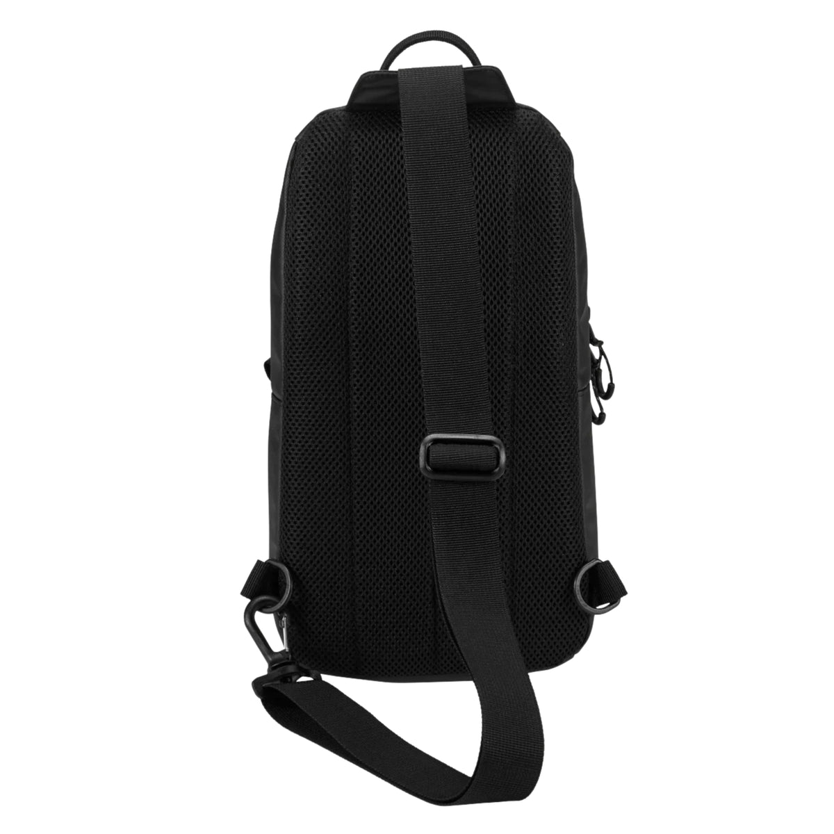 Vista traseira da bolsa Nixon Syndicate Sling Bag Asphalt, com painel acolchoado em malha, alça regulável e dois pontos inferiores de fixação.