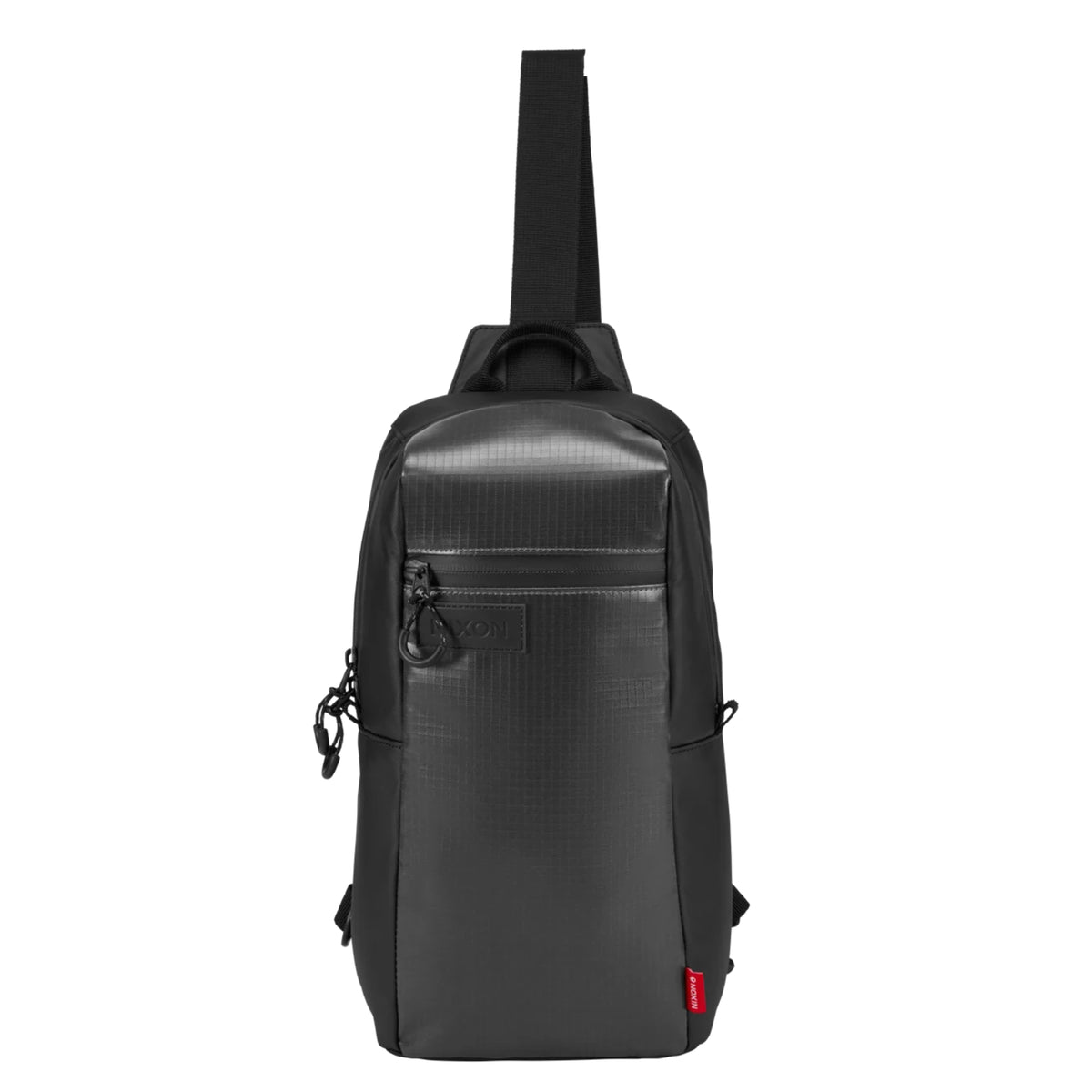 Bolsa a tiracolo Nixon Syndicate Sling Bag em Asphalt, vista de frente, com bolso de fecho horizontal e etiqueta lateral vermelha.
