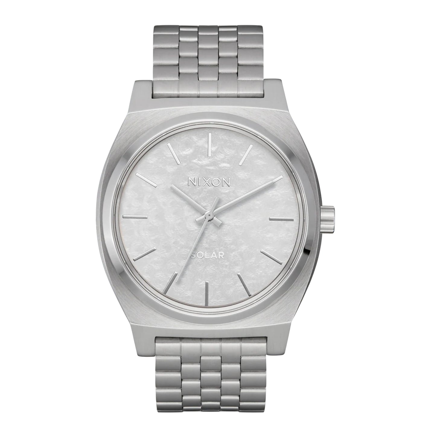 Relógio unissexo Nixon Time Teller Solar em Silver/Snow. Foto da parte da frente.