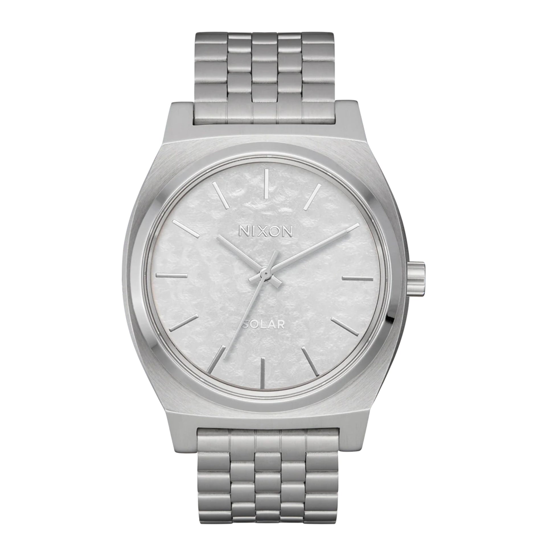 Relógio unissexo Nixon Time Teller Solar em Silver/Snow. Foto da parte da frente.