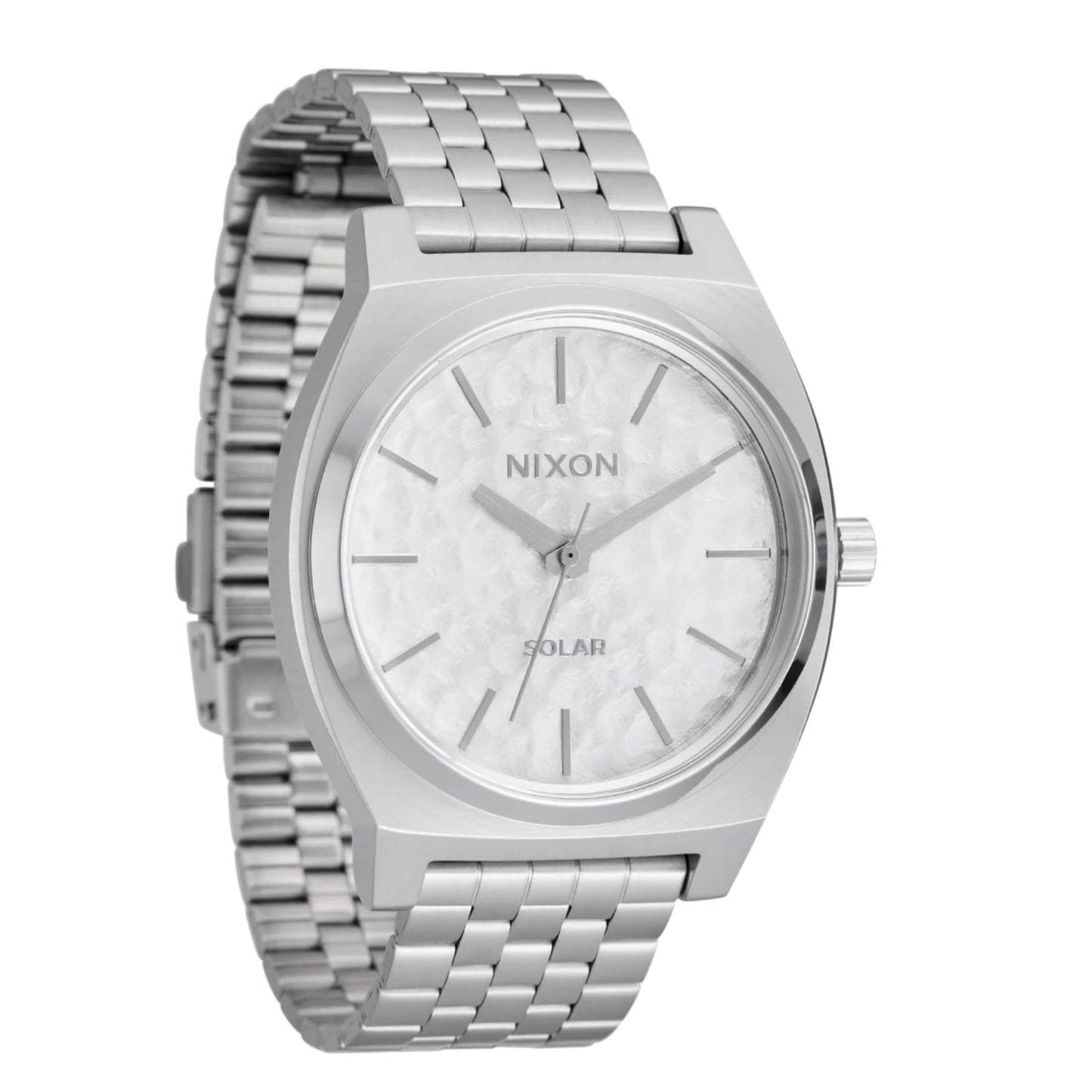 Relógio unissexo Nixon Time Teller Solar em Silver/Snow. Foto da parte da frente.