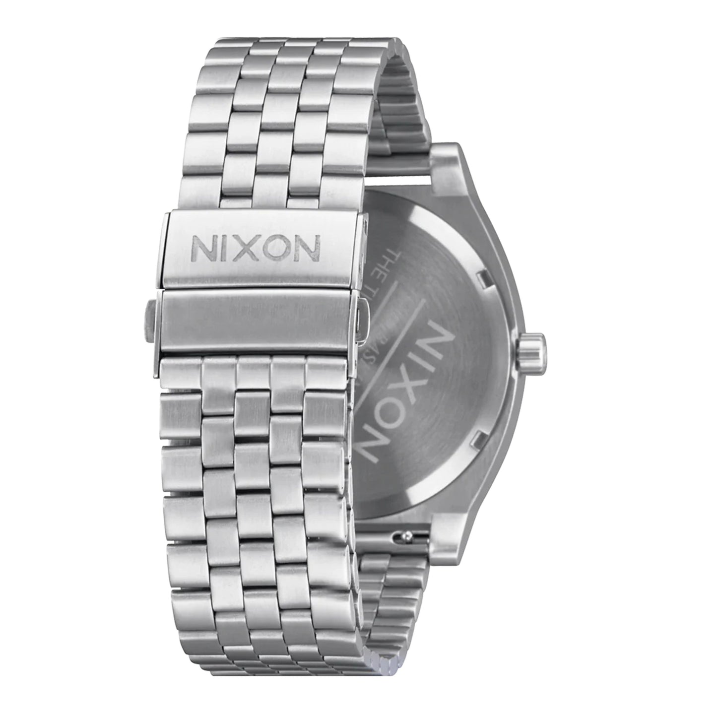 Relógio unissexo Nixon Time Teller Solar em Silver/Snow. Foto da parte de trás.