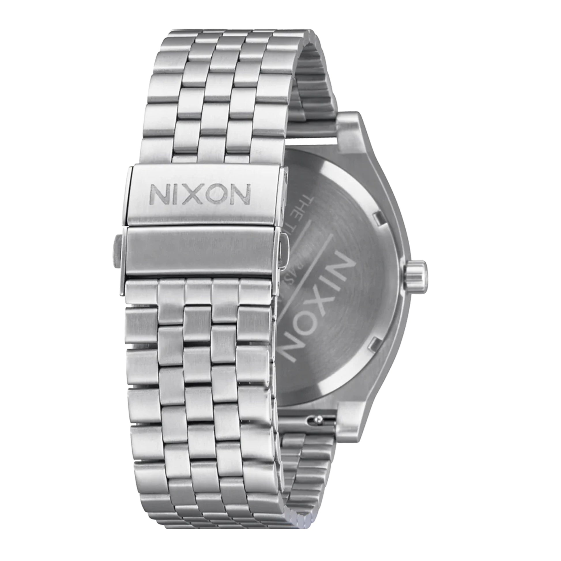 Relógio unissexo Nixon Time Teller Solar em Silver/Snow. Foto da parte de trás.