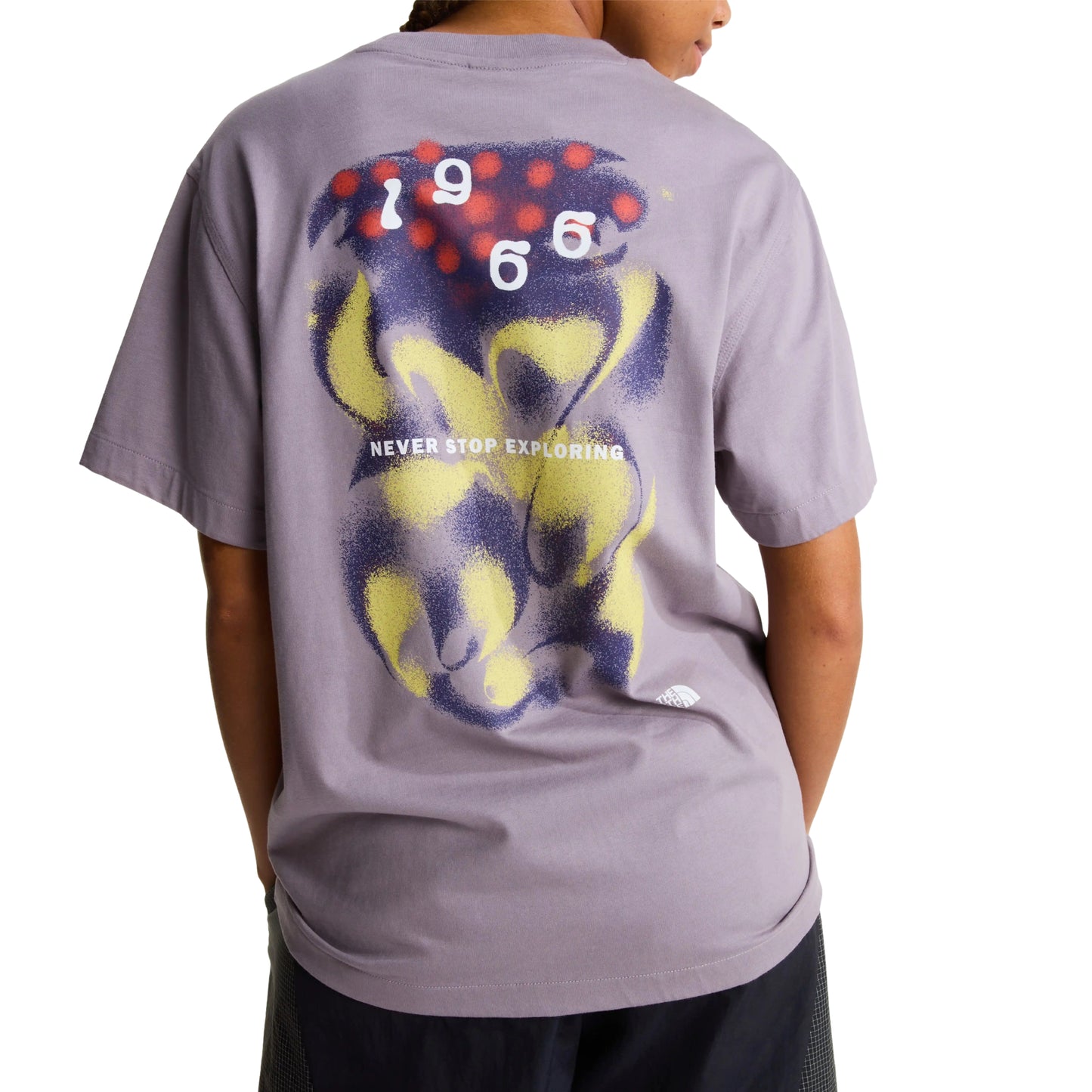 T-Shirt de manga curta para homem The North Face 1966 Motion Relaxed Graphic em Cinza Transcendent. Foto de detalhe da parte de trás, vestida em modelo feminino.