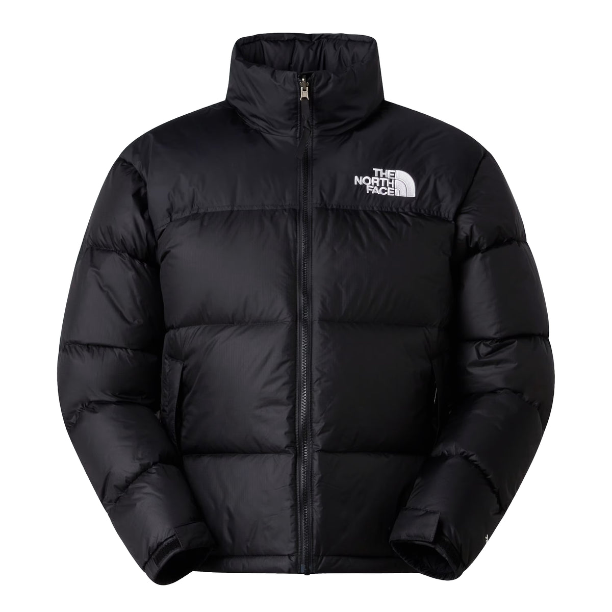 Casaco The North Face 1996 Retro Nuptse preto visto de frente, sem modelo, com gola alta, fecho central e logótipo branco no peito.