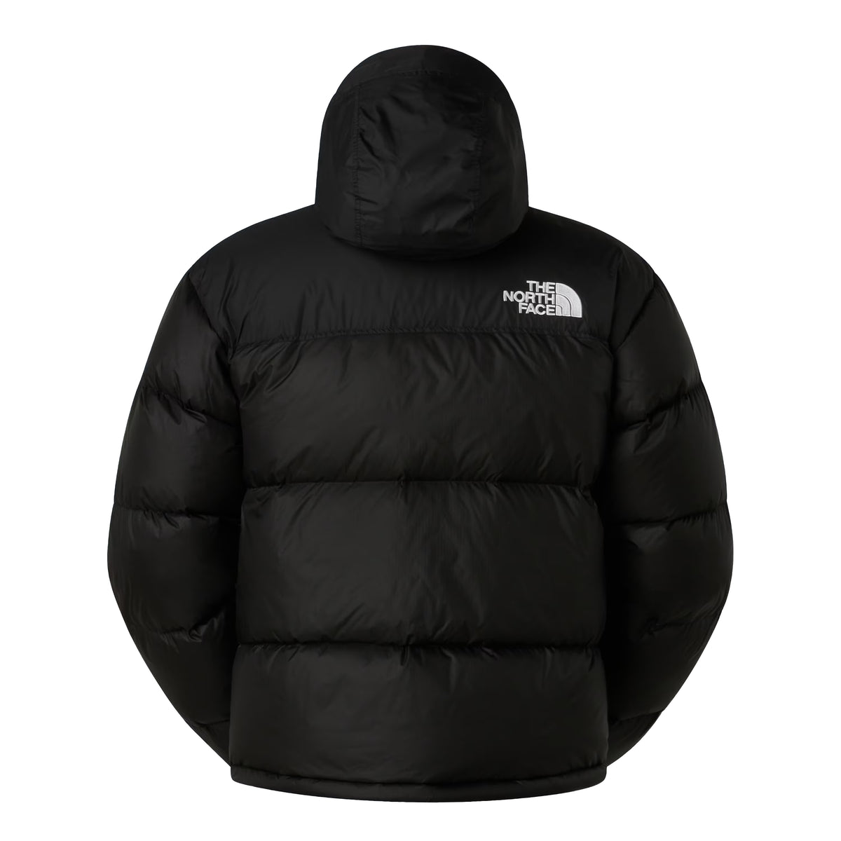 Casaco The North Face 1996 Retro Nuptse preto visto de costas, sem modelo, com capuz aberto, painéis horizontais e logótipo branco no ombro direito.
