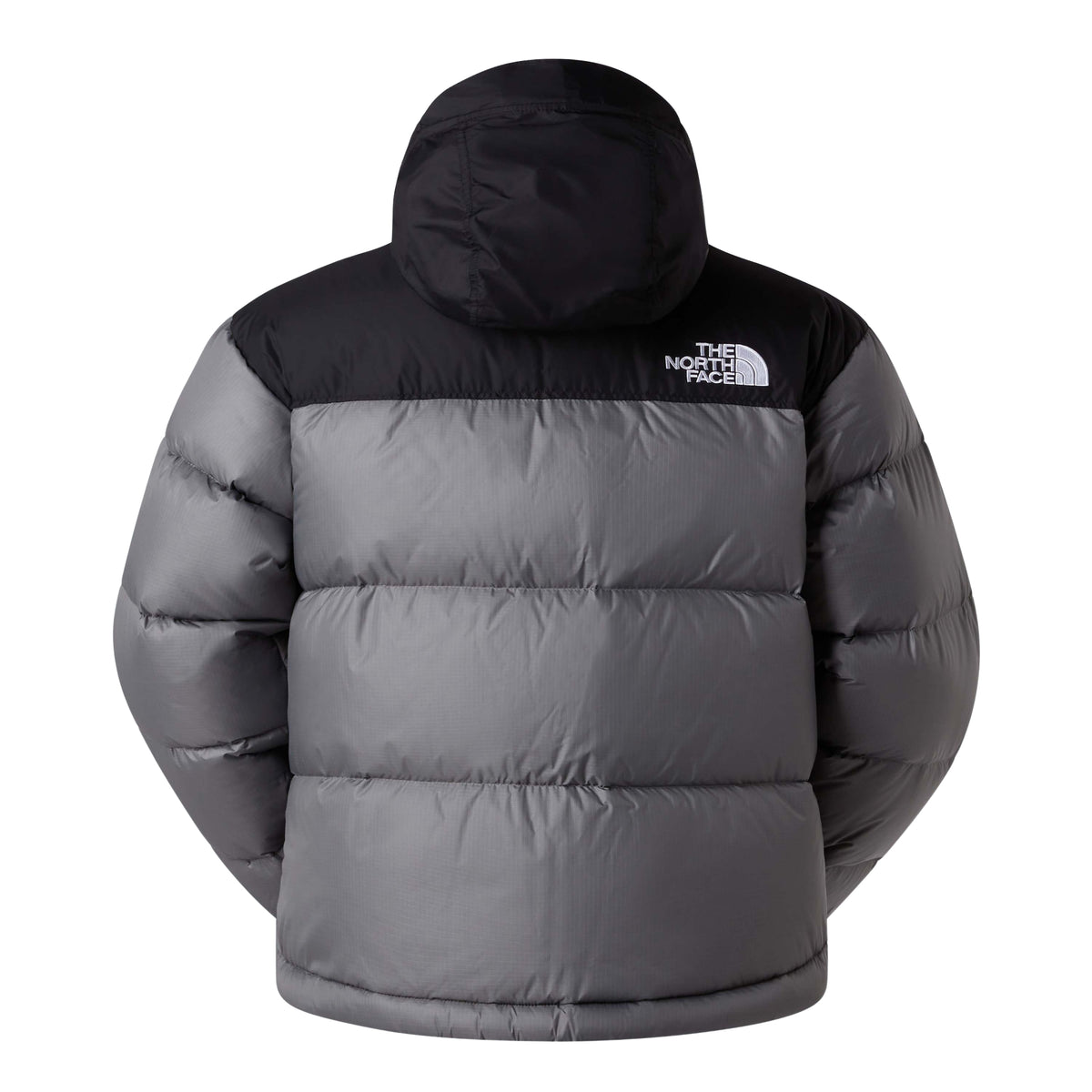 Vista traseira do casaco The North Face 1996 Retro Nuptse Smoked Pearl/TNF Black, com capuz preto e painéis acolchoados cinzentos.