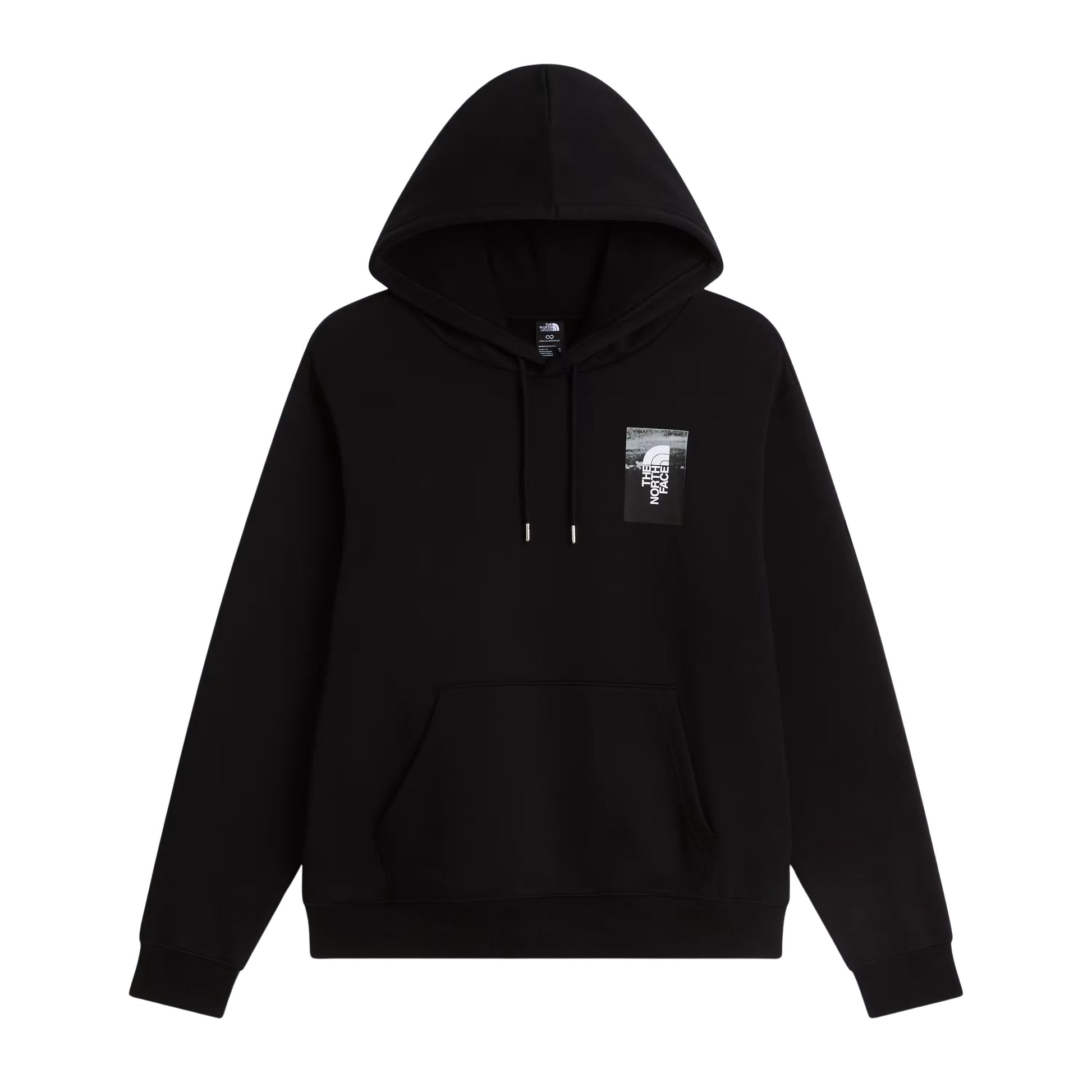 Hoodie The North Face Apex '75 Collage Relaxed em TNF Black — vista frontal, produto sem modelo, logo TNF Apex '75 Collage em caixa em serigrafia no peito esquerdo, capuz ajustável com cordão e ponteiras metálicas prateadas, bolso canguru e bainha canelada visíveis, fundo branco.