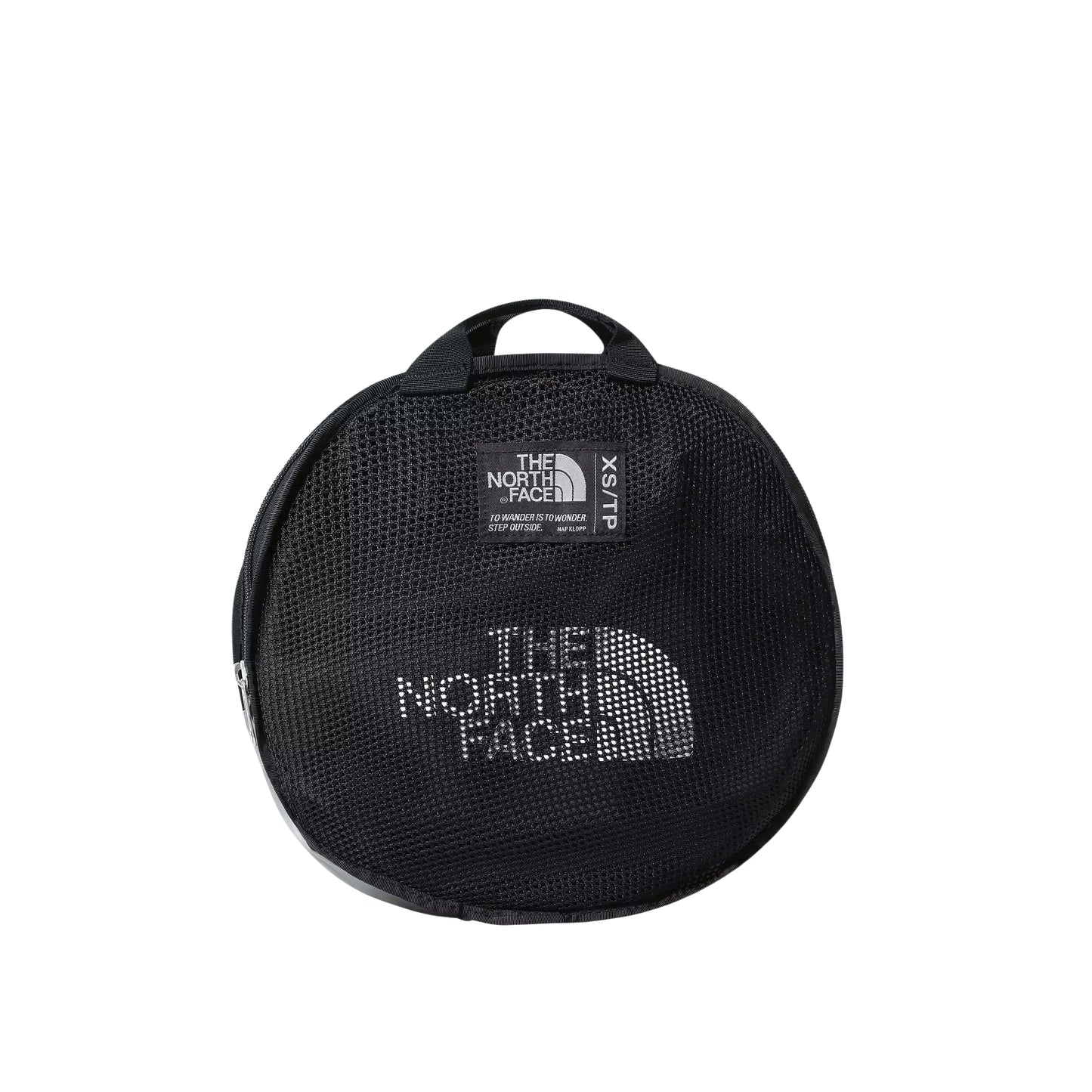 Saco de viagem The North Face Base Camp Duffel XS em TNF Black dobrado — vista frontal da bolsa de arrumação circular em malha preta, etiqueta TNF com indicação XS/TP e logo TNF em cinzento visíveis, fundo branco.