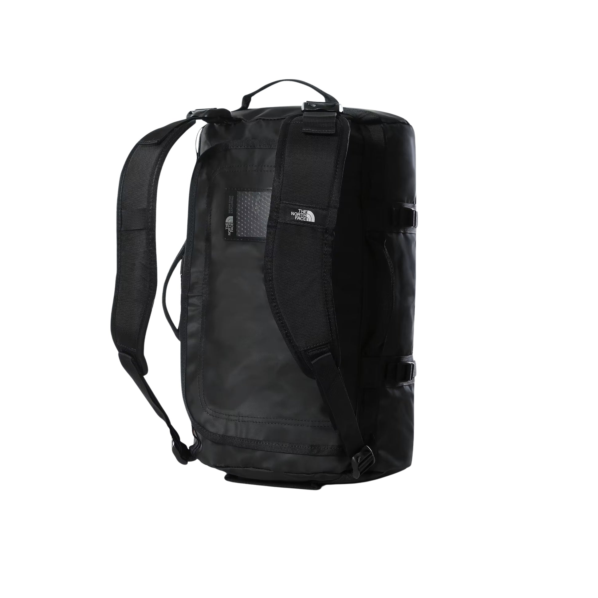 Saco de viagem The North Face Base Camp Duffel XS em TNF Black — vista traseira a 3/4, produto sem modelo, alças de mochila pretas destacáveis, bolso lateral com etiqueta TNF em branco e fivelas de ajuste pretas visíveis, fundo branco.