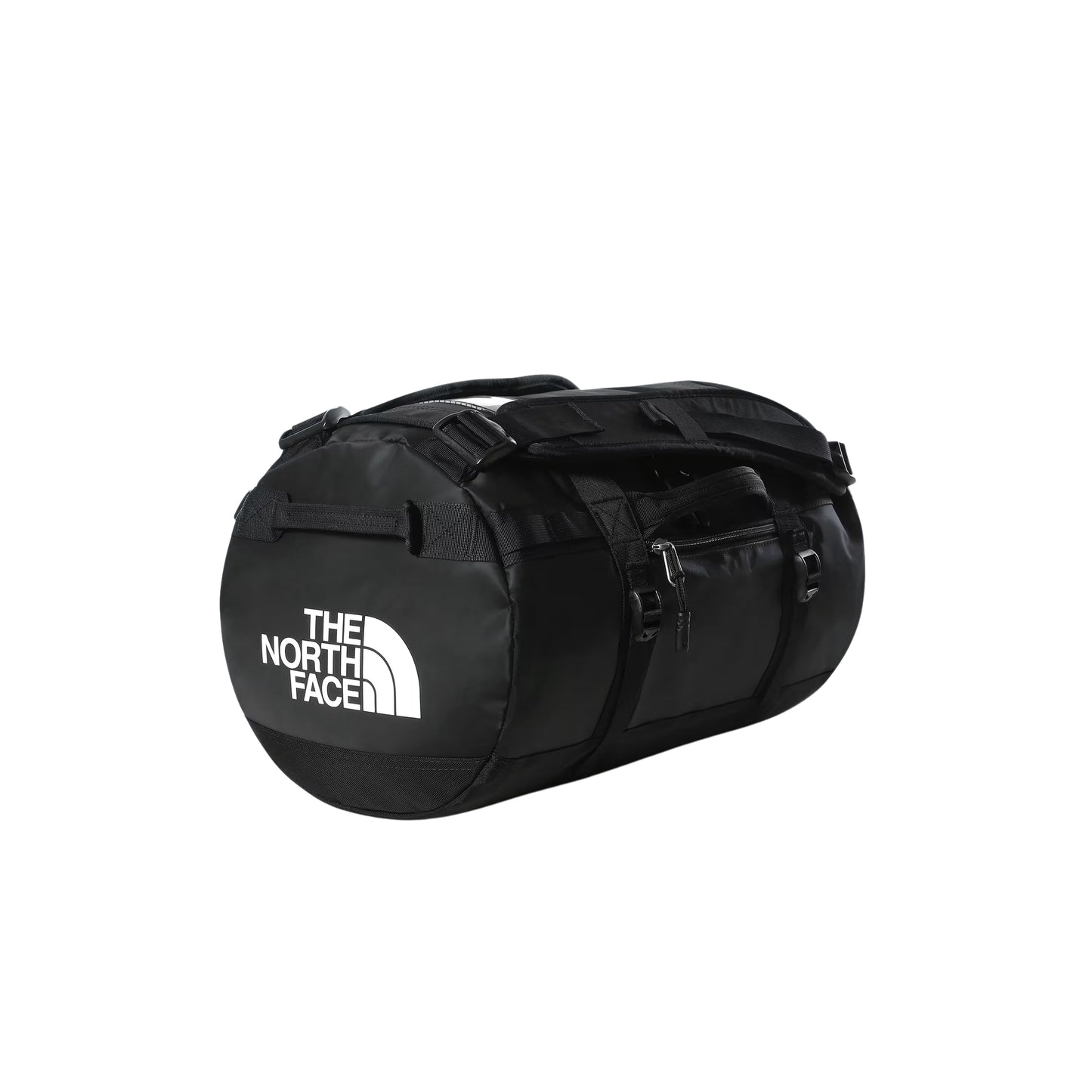 Saco de viagem The North Face Base Camp Duffel XS em TNF Black — vista frontal a 3/4, produto sem modelo, logo TNF em branco no painel frontal, fecho principal em U, bolso frontal com zip e fivelas de ajuste pretas visíveis, fundo branco.