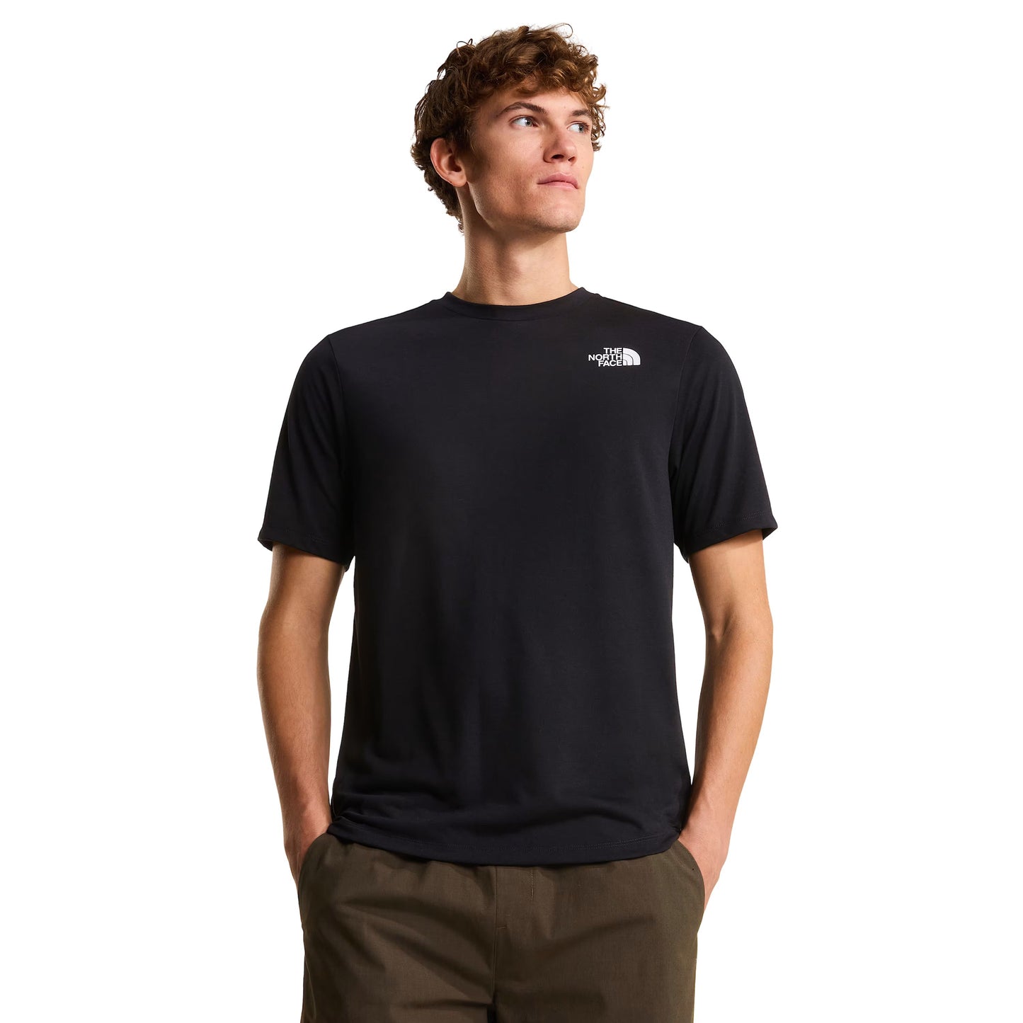 T-Shirt de manga curta para homem The North Face Bitmap Logo Graphic em Preto TNF. Foto da parte da frente, vestida.