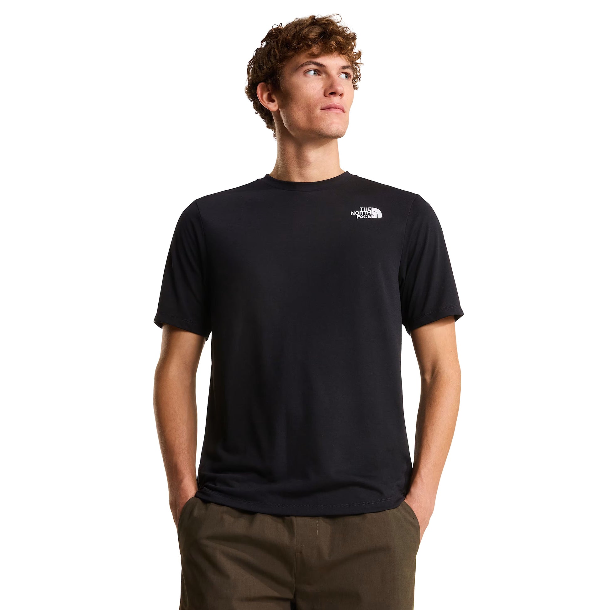 T-Shirt de manga curta para homem The North Face Bitmap Logo Graphic em Preto TNF. Foto da parte da frente, vestida.