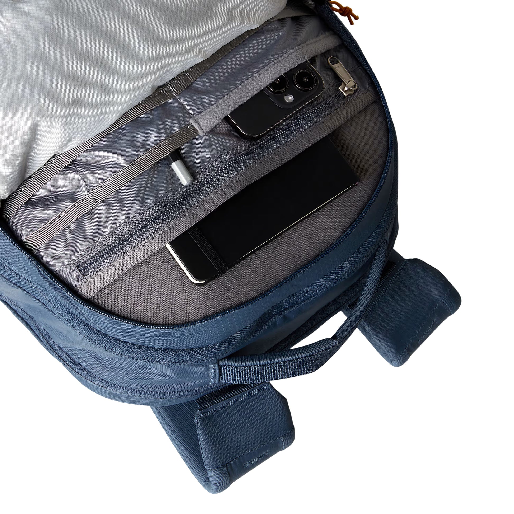 Mochila unissexo The North Face Borealis em Cinza Granite/Laranja Dust. Foto do interior da bolsa exterior.