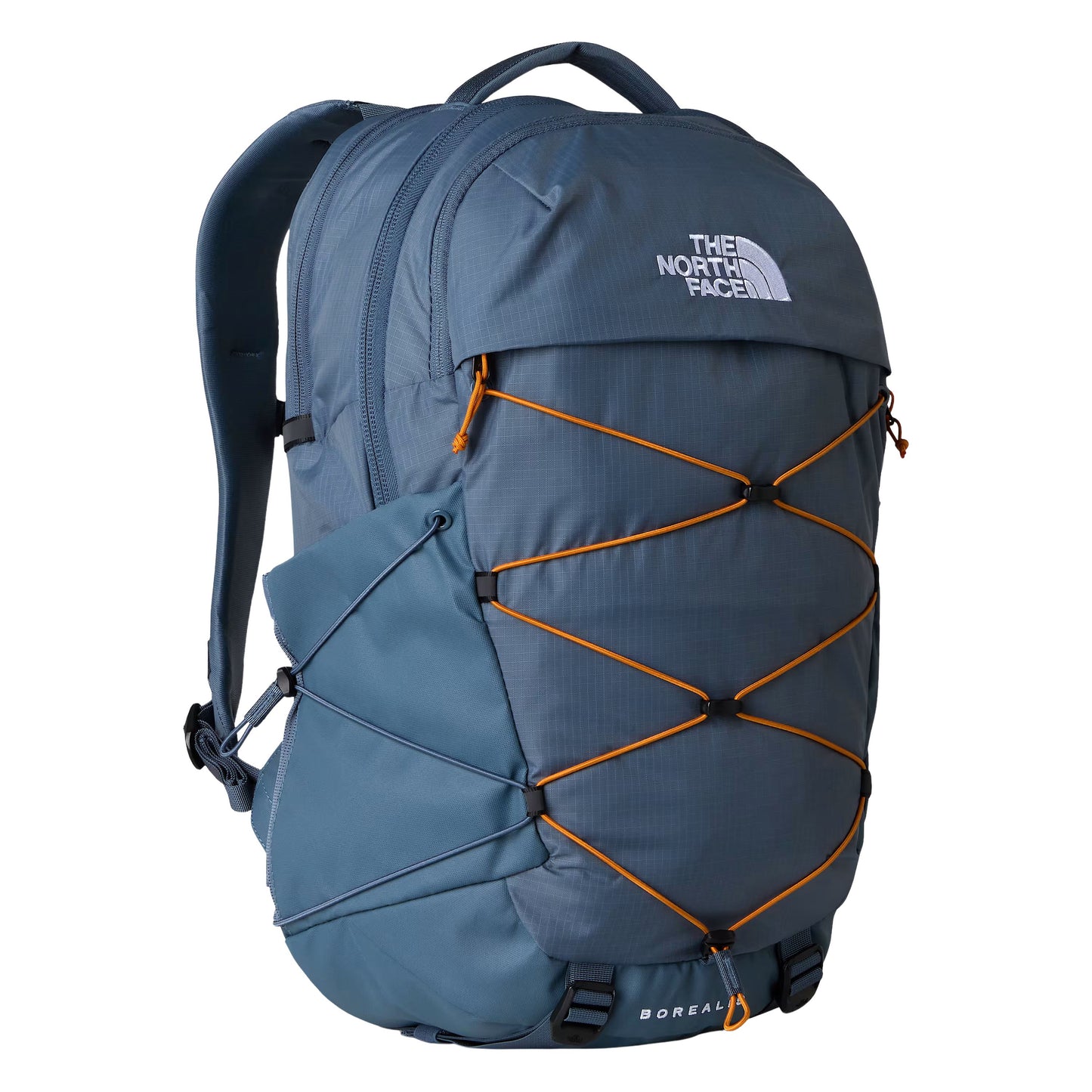 Mochila unissexo The North Face Borealis em Cinza Granite/Laranja Dust. Foto da parte da frente.