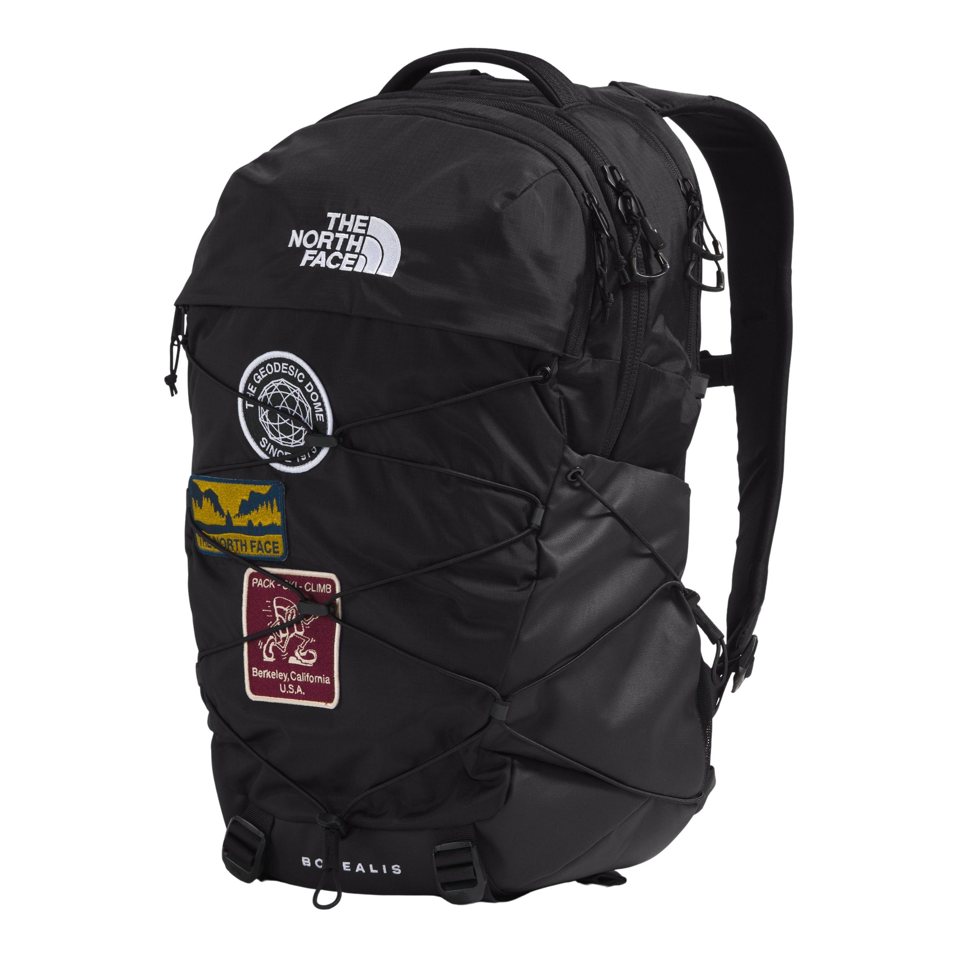 Mochila unissexo The North Face Borealis em TNF Black Patch/TNF White. Foto da parte da frente a 3/4.