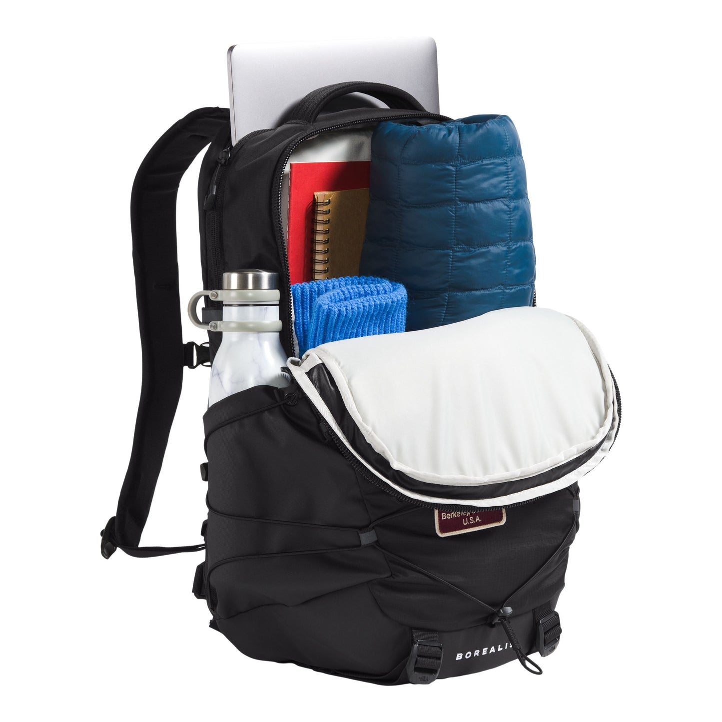 Mochila unissexo The North Face Borealis em TNF Black Patch/TNF White. Foto da parte da frente a 3/4, aberta.