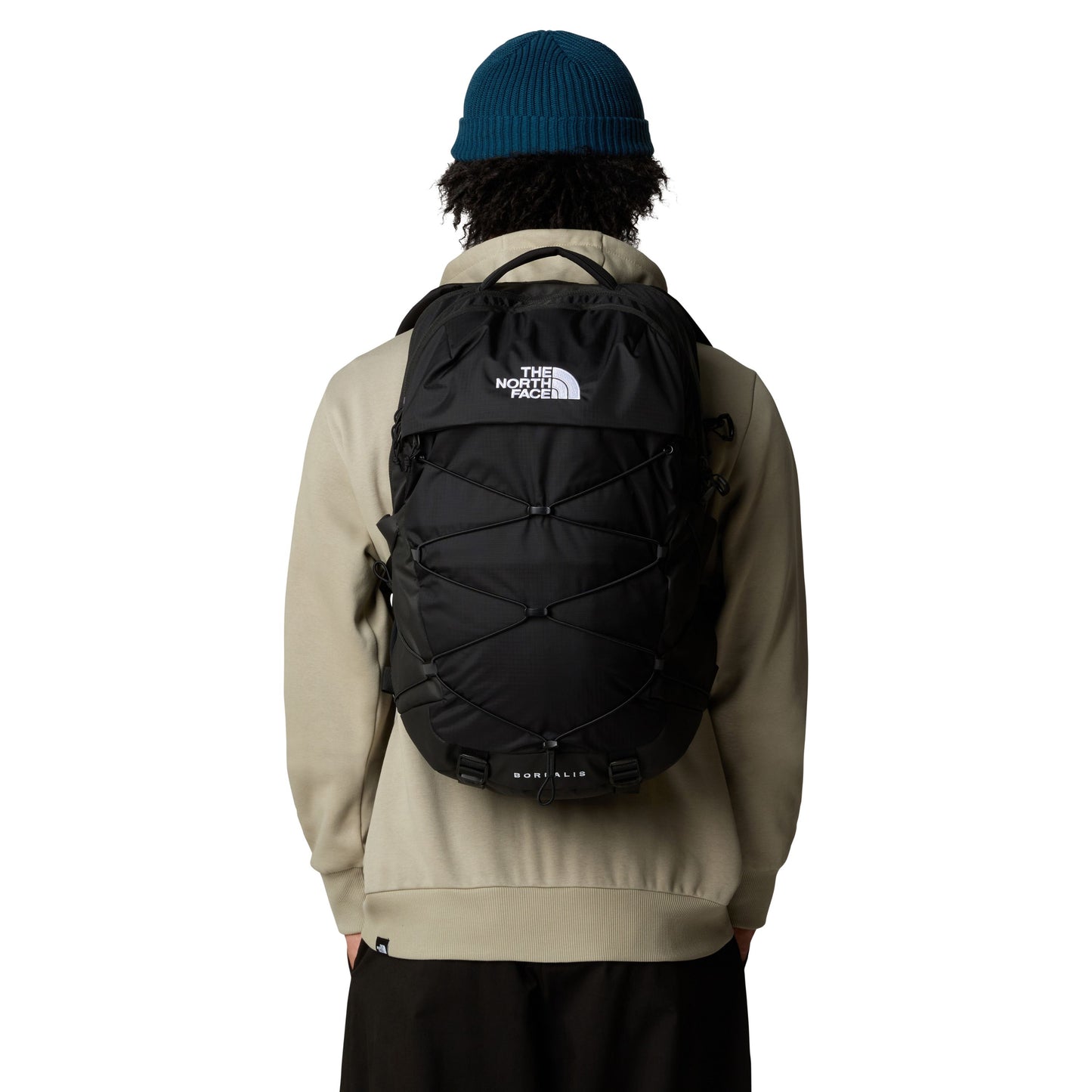 Mochila unissexo The North Face Borealis em TNF Black/TNF Black. Foto da parte de trás, vestida.