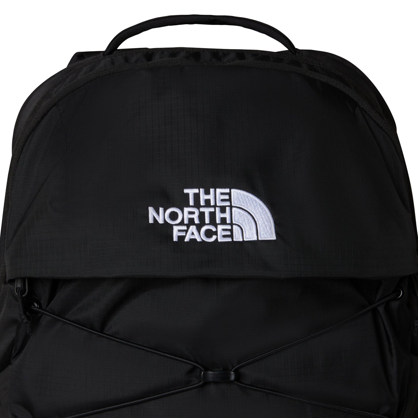 Mochila unissexo The North Face Borealis em TNF Black/TNF Black. Foto de detalhe da parte da frente.