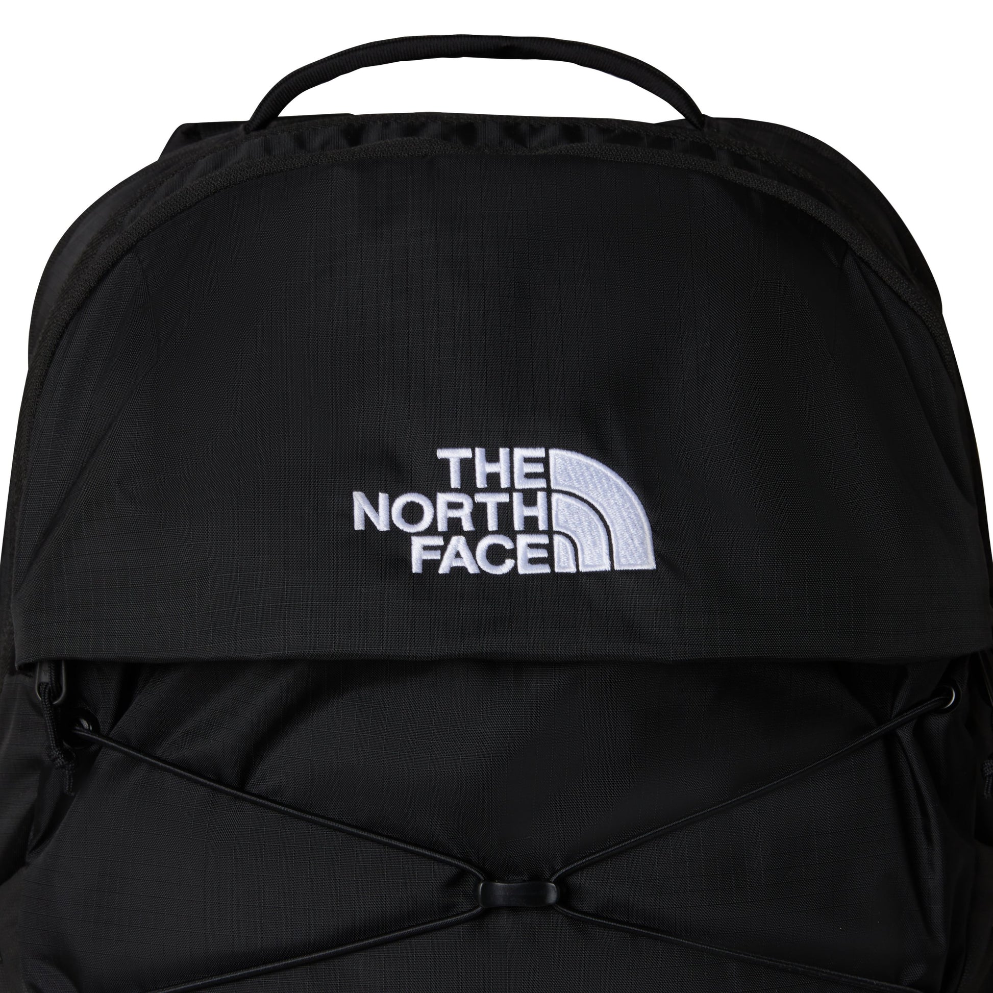 Mochila unissexo The North Face Borealis em TNF Black/TNF Black. Foto de detalhe da parte da frente.