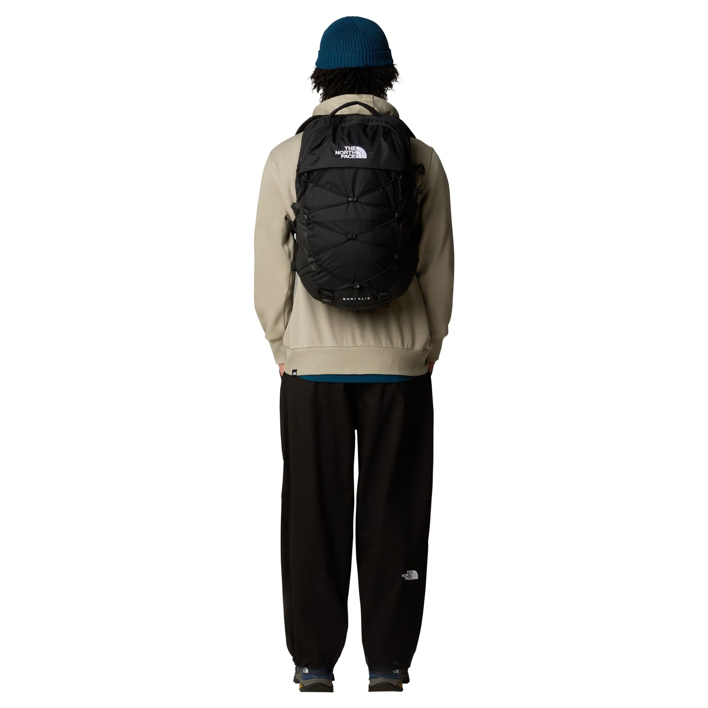 Mochila unissexo The North Face Borealis em TNF Black/TNF Black. Foto da parte de trás, vestida.