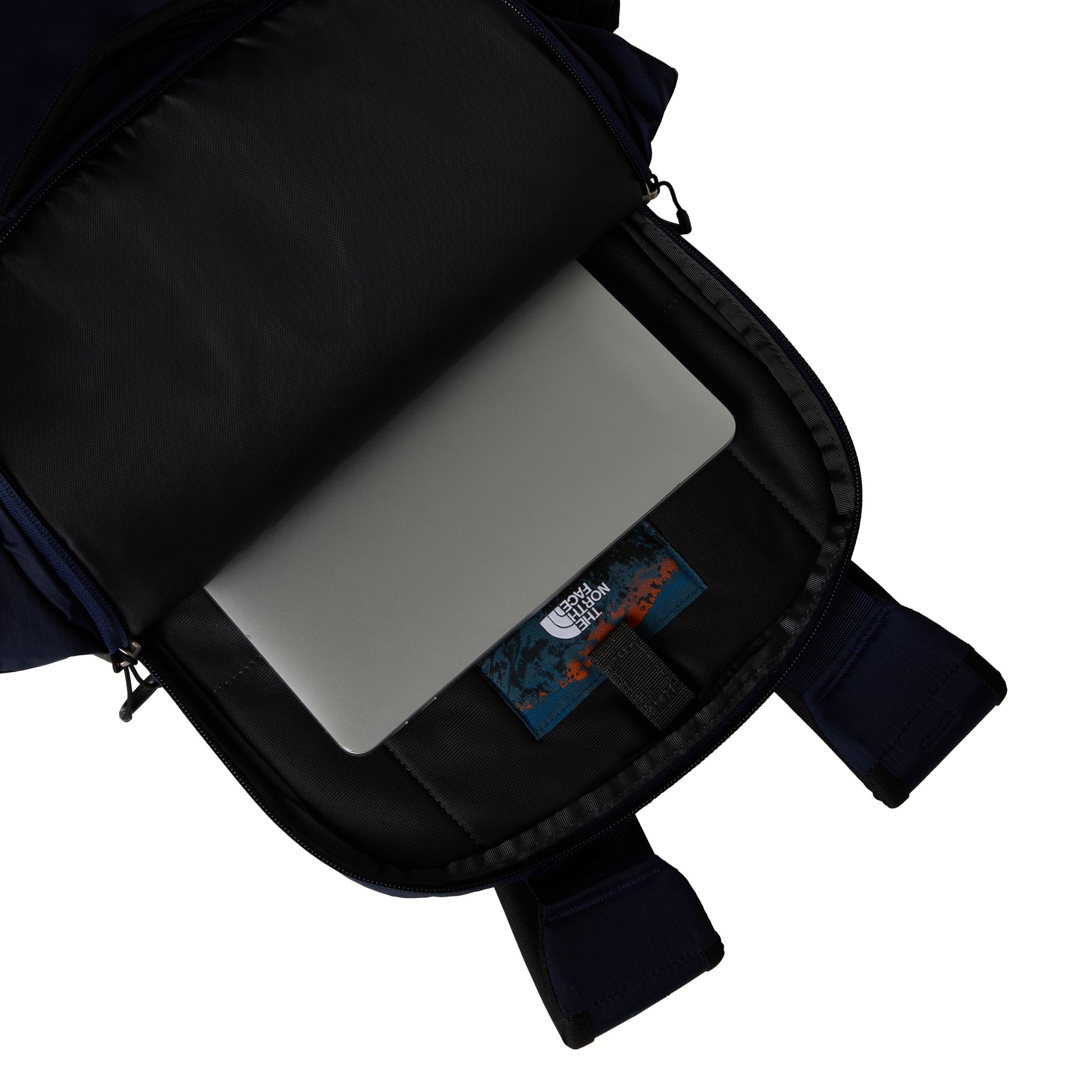 Mochila unissexo The North Face Borealis em TNF Navy/TNF Black. Foto do laptop sleeve.