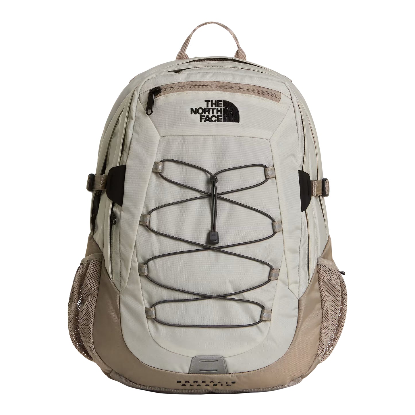 Mochila The North Face Borealis Classic em Cumulus Cloud / Stone Slab — vista frontal, produto sem modelo, logo TNF bordado em preto, sistema de cordas elásticas Anthracite Grey, bolsos laterais em malha Stone Slab e inscrição "Borealis Classic" na base visíveis, fundo branco.