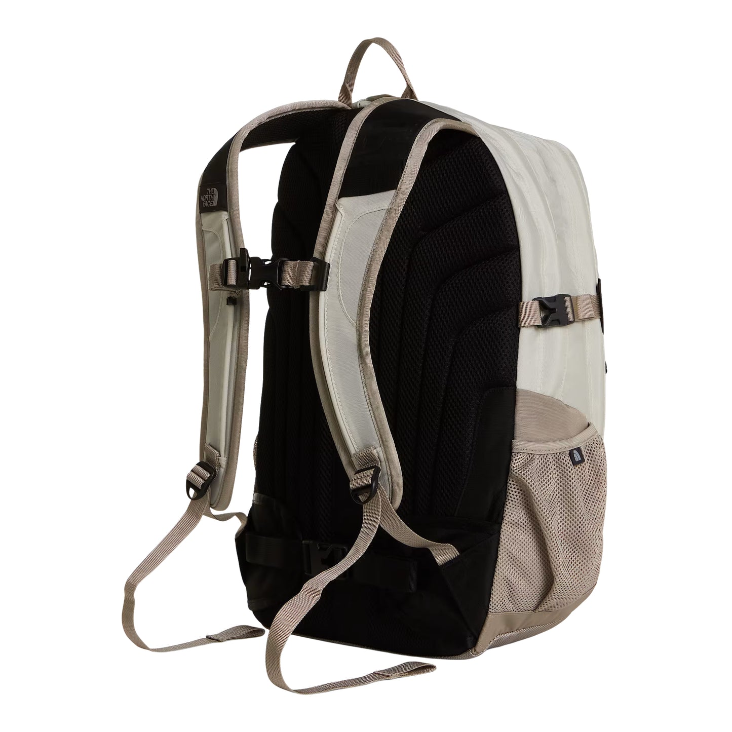 Mochila The North Face Borealis Classic em Cumulus Cloud / Stone Slab — vista traseira, produto sem modelo, painel traseiro ventilado Anthracite Grey, alças FlexVent acolchoadas, fivelas de ajuste e bolso lateral em malha Stone Slab visíveis, fundo branco.