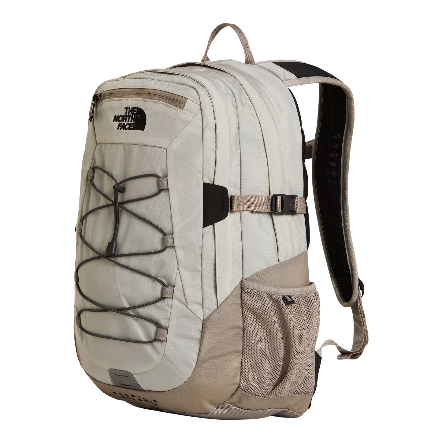 Mochila The North Face Borealis Classic em Cumulus Cloud / Stone Slab — vista lateral a 3/4, produto sem modelo, logo TNF bordado em preto, sistema de cordas elásticas Anthracite Grey, alça FlexVent acolchoada, fivela de ajuste e bolso lateral em malha Stone Slab visíveis, fundo branco.