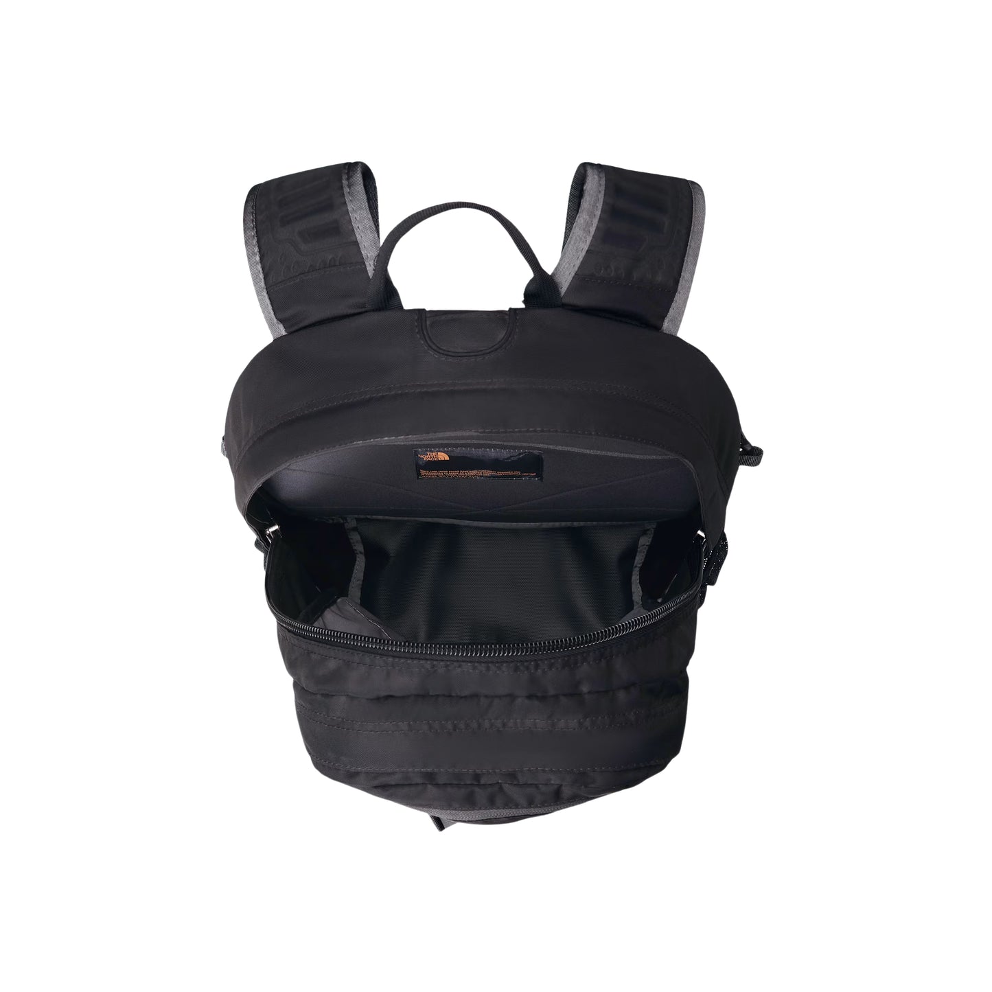 Mochila The North Face Borealis Classic em TNF Black / Asphalt Grey — vista de topo com compartimento principal aberto, interior preto com bolso acolchoado para laptop em Asphalt Grey e etiqueta TNF dourada visíveis.