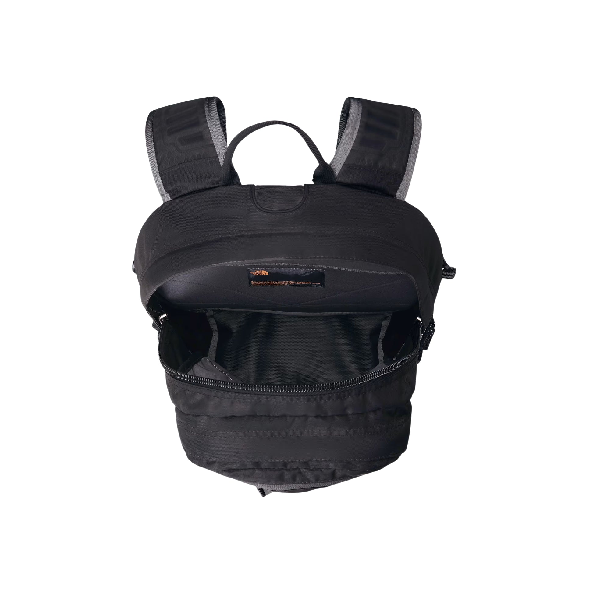 Mochila The North Face Borealis Classic em TNF Black / Asphalt Grey — vista de topo com compartimento principal aberto, interior preto com bolso acolchoado para laptop em Asphalt Grey e etiqueta TNF dourada visíveis.
