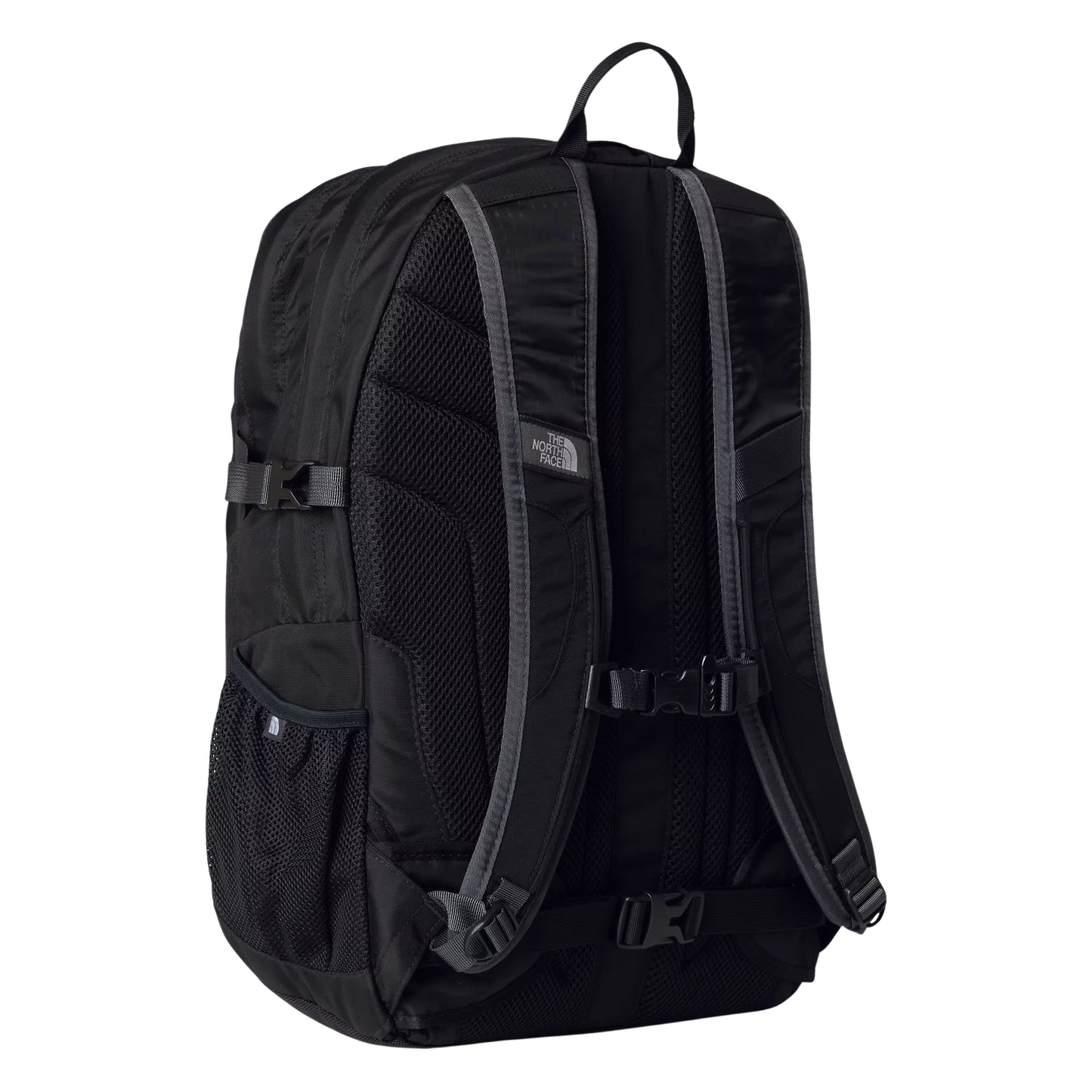 Mochila The North Face Borealis Classic em TNF Black / Asphalt Grey — vista traseira a 3/4, produto sem modelo, painel traseiro ventilado acolchoado em Asphalt Grey, alças FlexVent pretas com detalhes cinzentos, fivelas de ajuste e logo TNF em relevo cinzento visíveis.