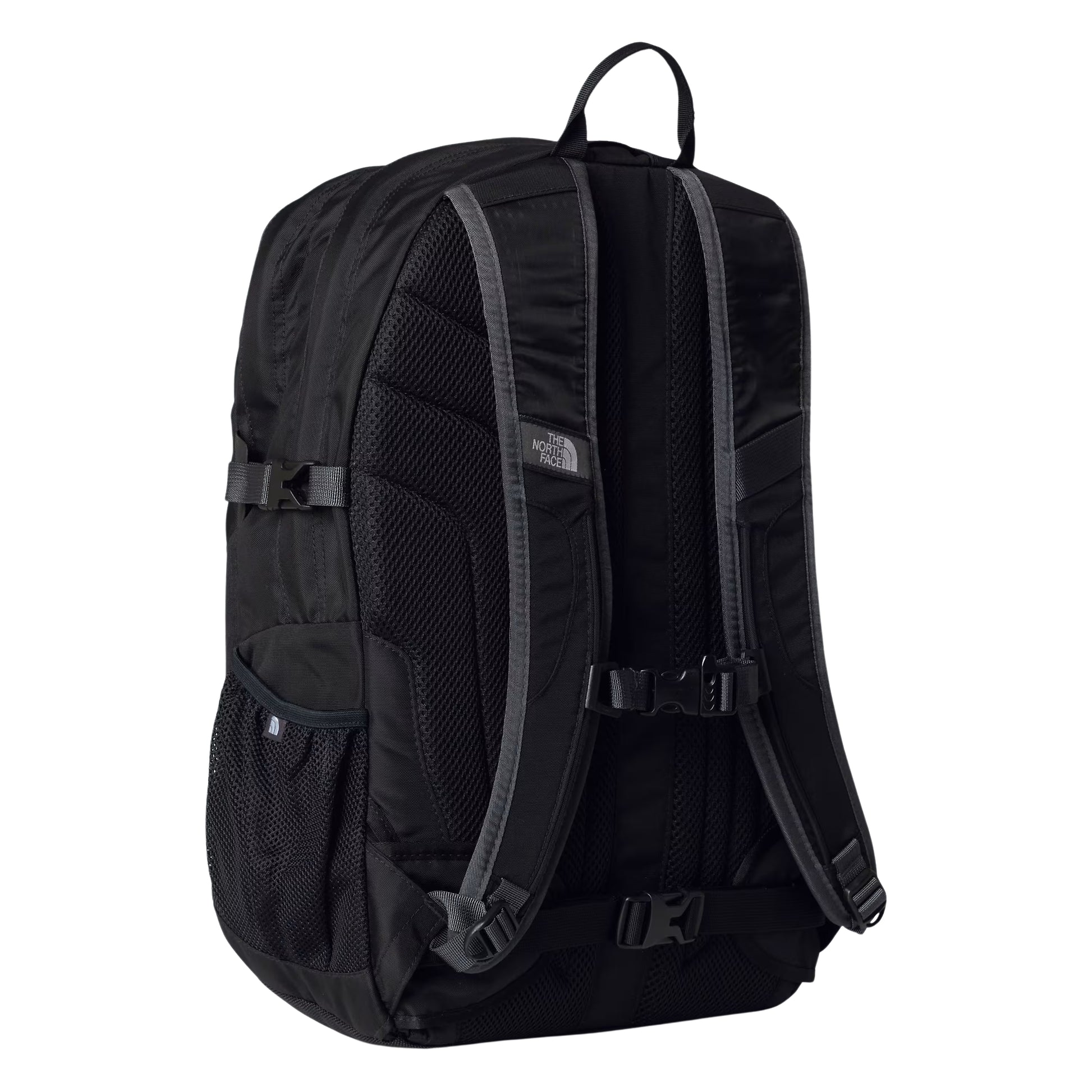 Mochila The North Face Borealis Classic em TNF Black / Asphalt Grey — vista traseira a 3/4, produto sem modelo, painel traseiro ventilado acolchoado em Asphalt Grey, alças FlexVent pretas com detalhes cinzentos, fivelas de ajuste e logo TNF em relevo cinzento visíveis.