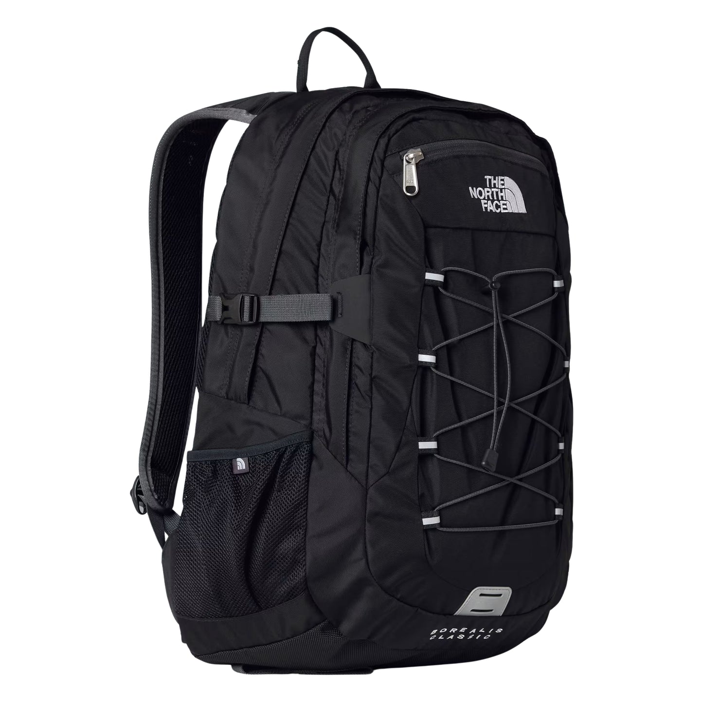 Mochila The North Face Borealis Classic em TNF Black / Asphalt Grey — vista frontal a 3/4, produto sem modelo, logo TNF bordado em branco no bolso frontal, sistema de cordas elásticas pretas com ponteiras prateadas, bolso lateral em malha preta e inscrição "Borealis Classic" em cinzento na base visíveis.