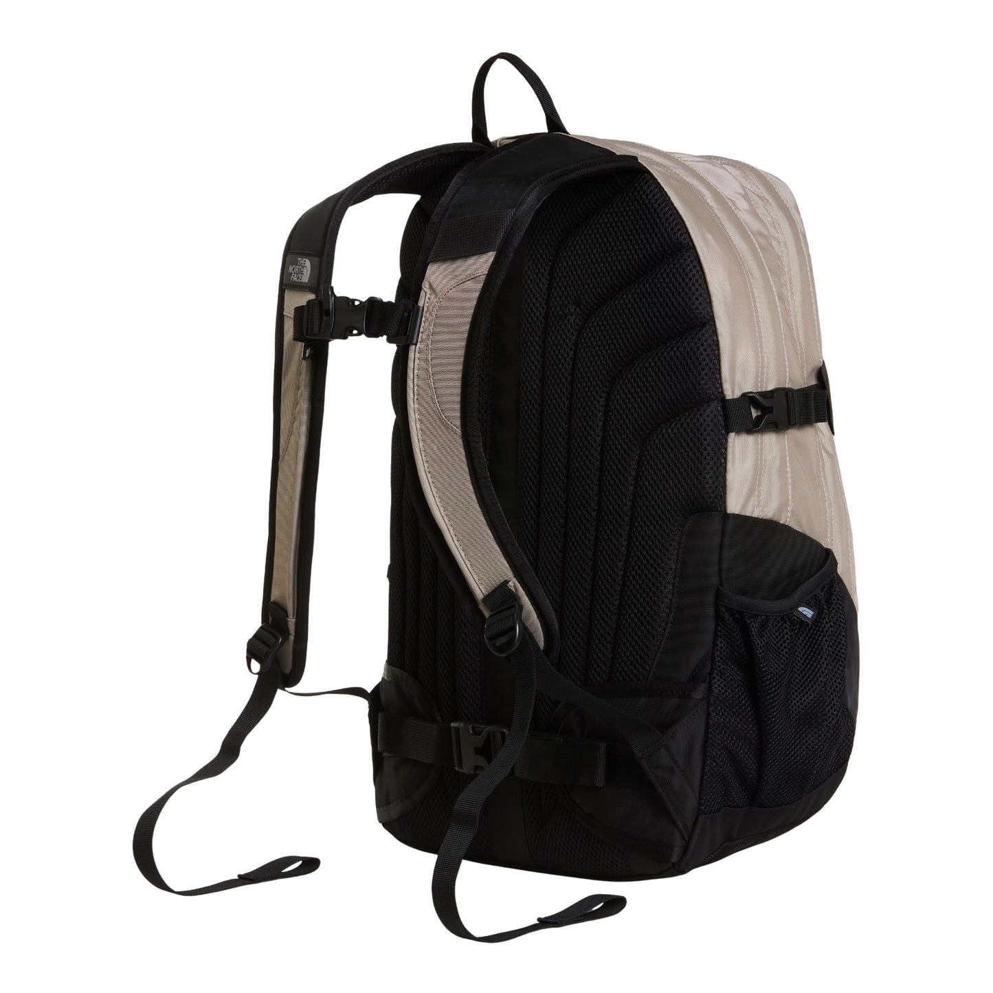 Mochila The North Face Borealis Classic Patch em Stone Slab / TNF Black — vista traseira, produto sem modelo, painel traseiro ventilado acolchoado em preto, alças FlexVent e sistema de fixação à cintura visíveis.