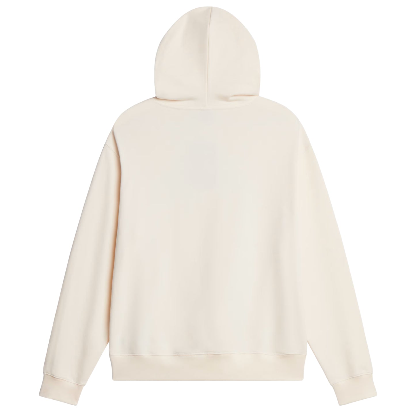 Hoodie unissexo The North Face Explorer Badges Relaxed em White Dune — vista traseira, produto sem modelo, logótipo "The North Face" half-dome estampado em serigrafia à base de água no ombro direito nas costas, capuz com cordão branco, bainha canelada e corte relaxado com ombros descaídos visíveis, French Terry White Dune 360 g/m², fundo branco.
