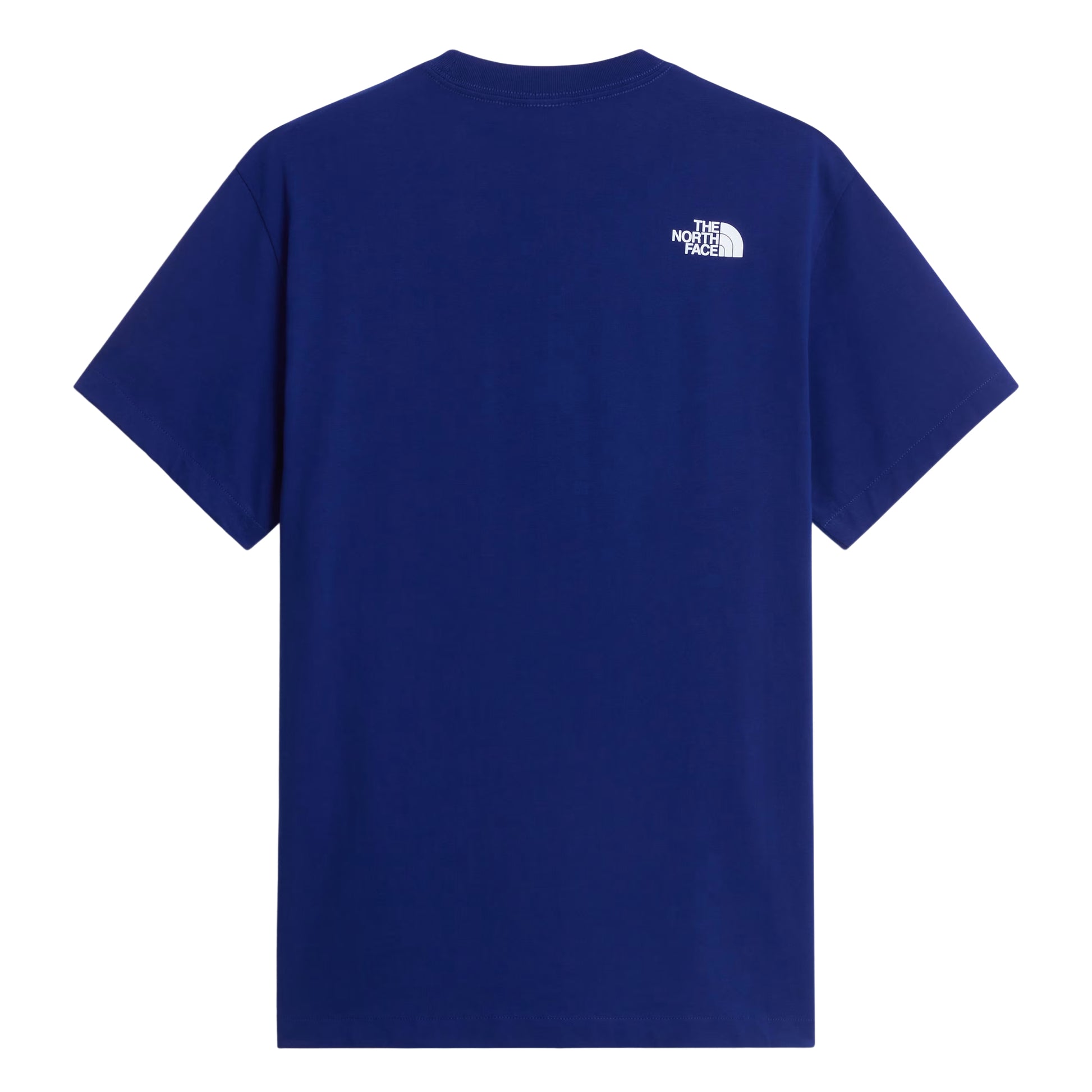T-shirt unissexo The North Face Explorer Badges Relaxed em Bold Blue — vista traseira, produto sem modelo, logótipo "The North Face" half-dome estampado em serigrafia branca no ombro direito nas costas, jersey Bold Blue 220 g/m² e corte relaxado com ombros descaídos visíveis, fundo branco.
