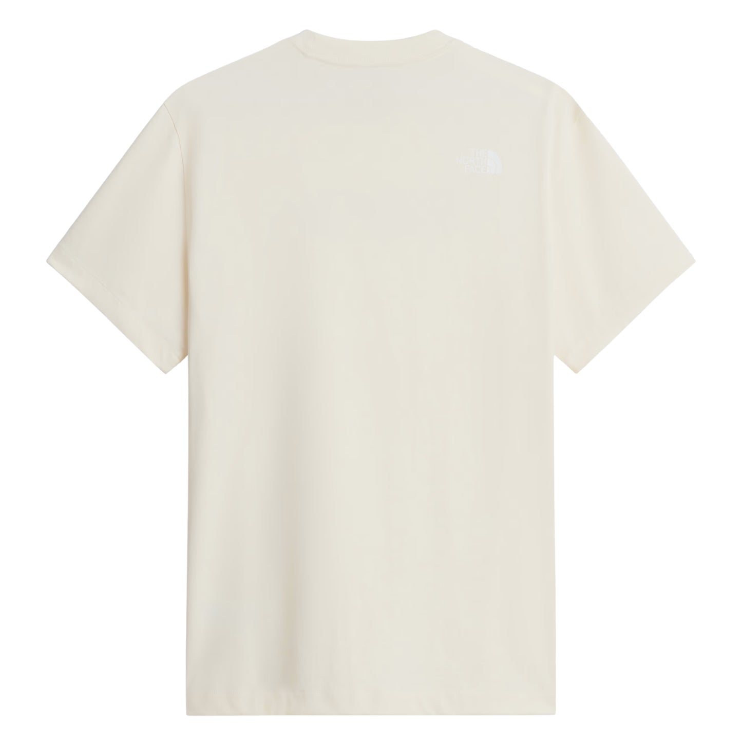 T-shirt unissexo The North Face Explorer Badges Relaxed em White Dune — vista traseira, produto sem modelo, logótipo "The North Face" half-dome estampado em serigrafia à base de água no ombro direito nas costas, jersey White Dune 220 g/m² e corte relaxado com ombros descaídos visíveis, fundo branco.