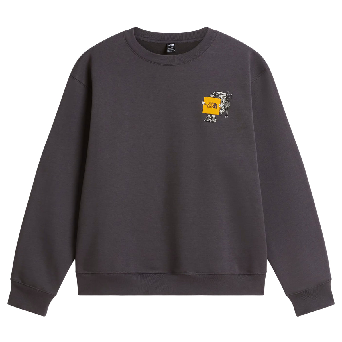 Sweatshirt unissexo The North Face Gear Up Get Out Relaxed Crew em Anthracite Grey — flat lay de frente, sem modelo, polar cinzento antracite, gráfico Gear Up Get Out em serigrafia à base de água no peito esquerdo com personagem de alpinista segurando placa amarela "The North Face", etiqueta TNF visível na gola, gola redonda canelada, punhos e bainha canelados, fundo branco.