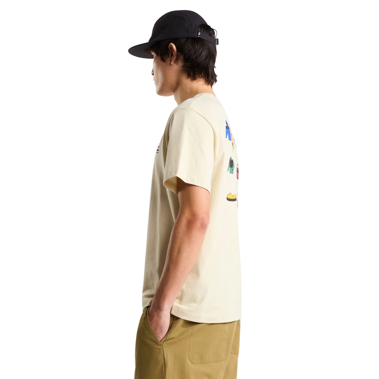 T-Shirt de manga curta para homem The North Face Icon Celebration Regular em Desert Stone. Foto da lateral, vestida.