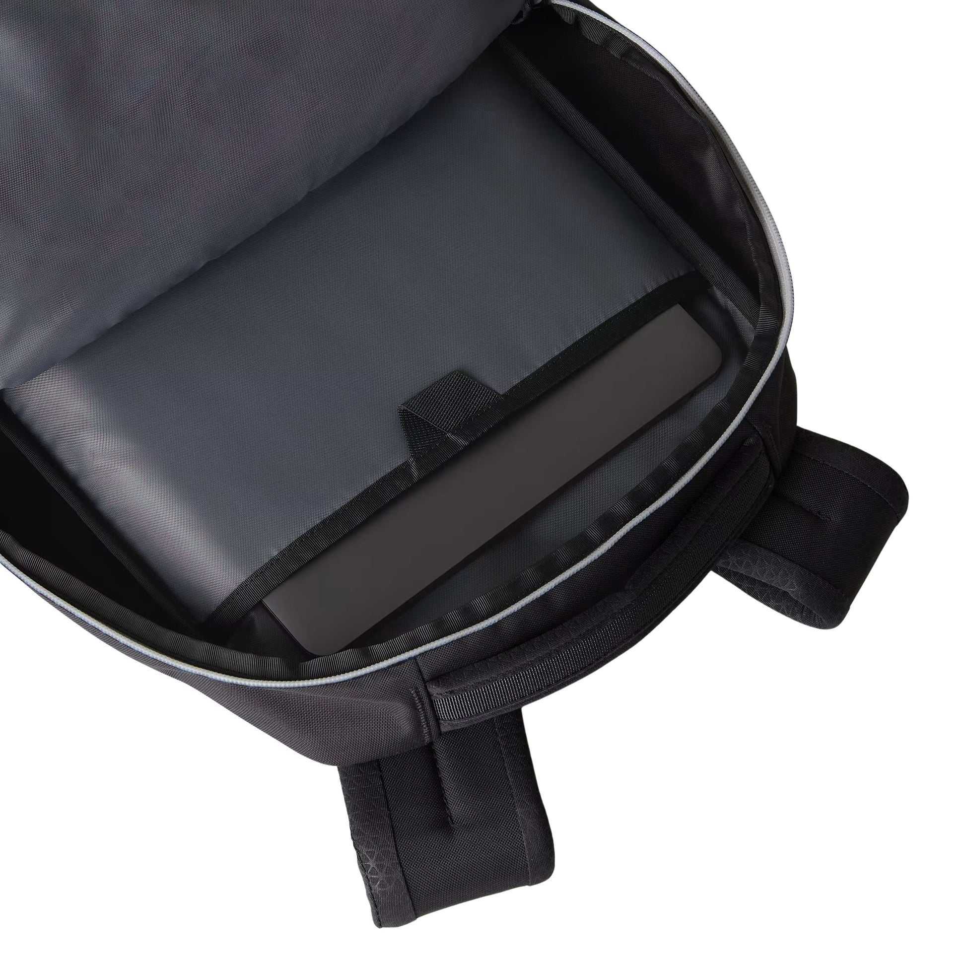 Mochila unissexo The North Face Jester em Cinza Anthracite/Smoked Pearl/Fizz Lime. Foto da outra bolsa e laptop sleeve.