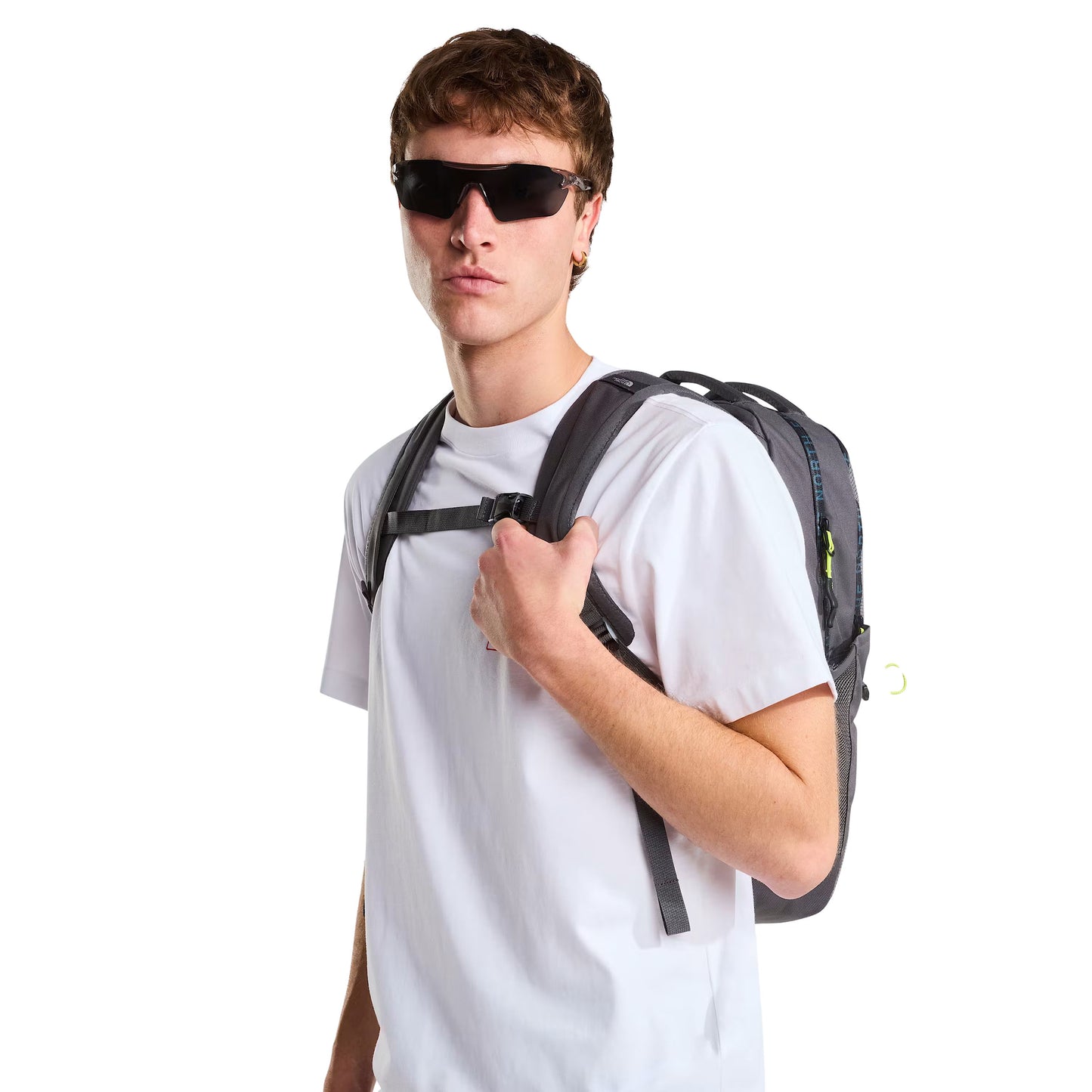 Mochila unissexo The North Face Jester em Cinza Anthracite/Smoked Pearl/Fizz Lime. Foto da parte da frente.