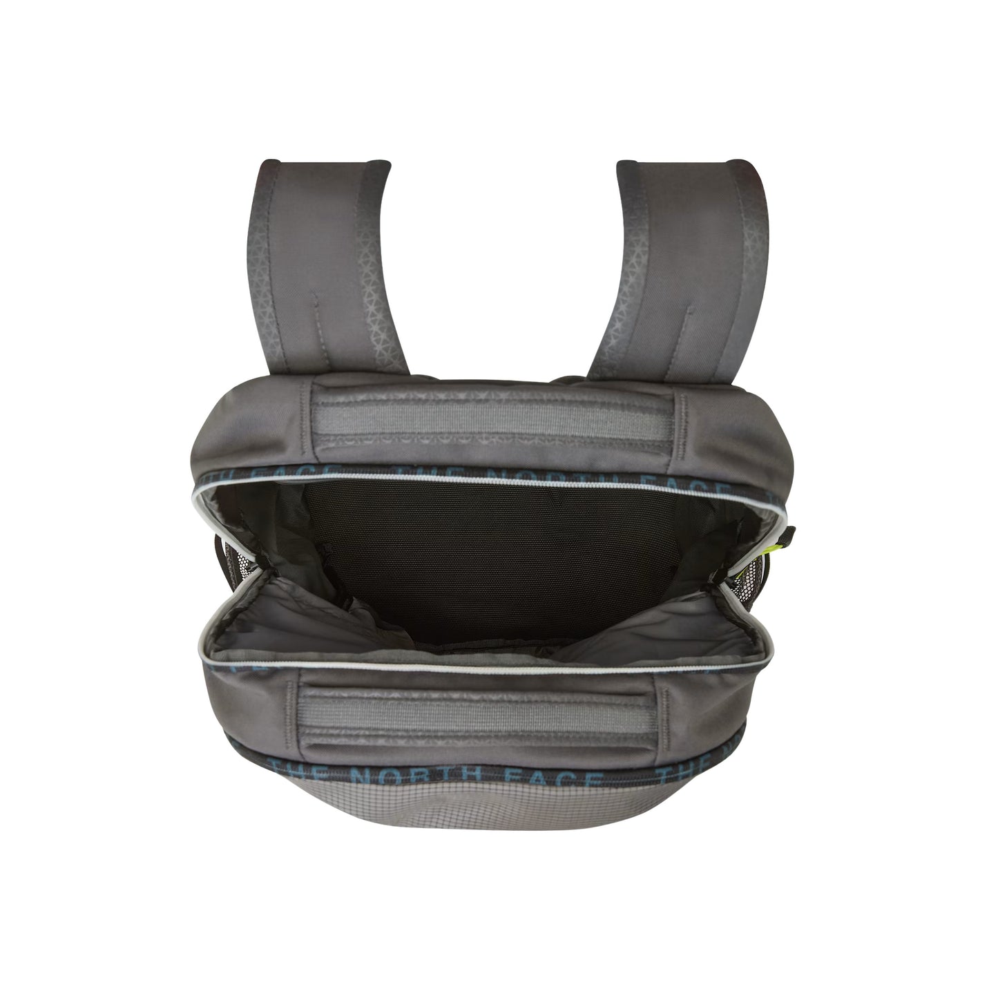 Mochila unissexo The North Face Jester em Cinza Anthracite/Smoked Pearl/Fizz Lime. Foto da parte de cima da mochila.
