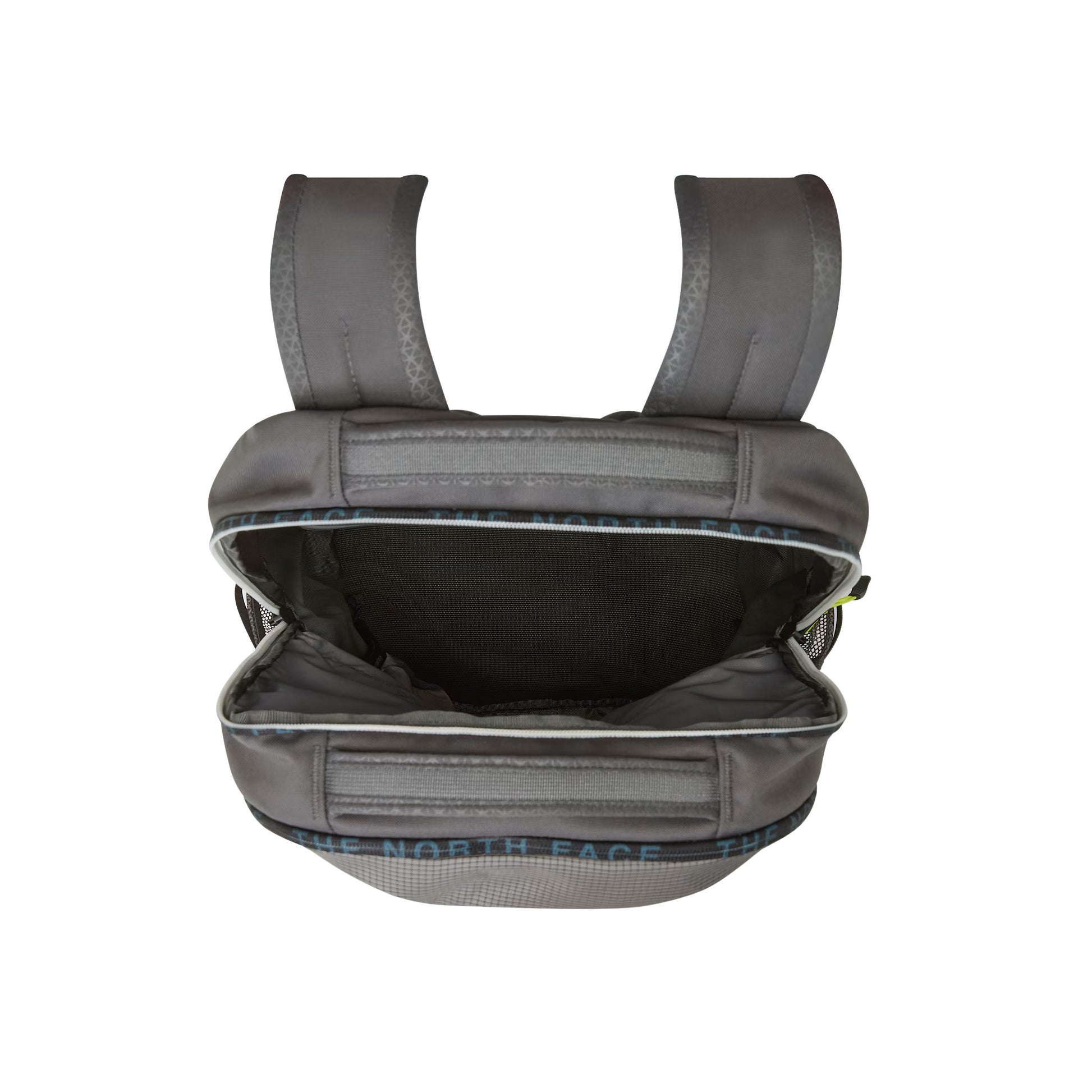 Mochila unissexo The North Face Jester em Cinza Anthracite/Smoked Pearl/Fizz Lime. Foto da parte de cima da mochila.