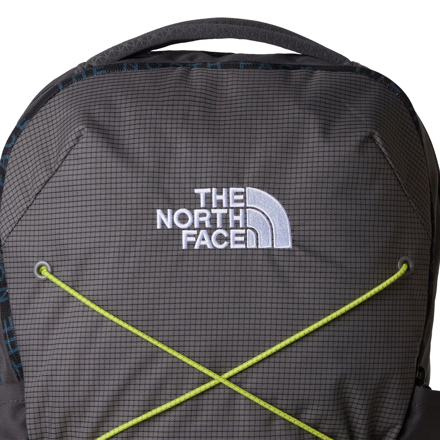 Mochila unissexo The North Face Jester em Cinza Anthracite/Smoked Pearl/Fizz Lime. Foto de destaque da parte da frente.