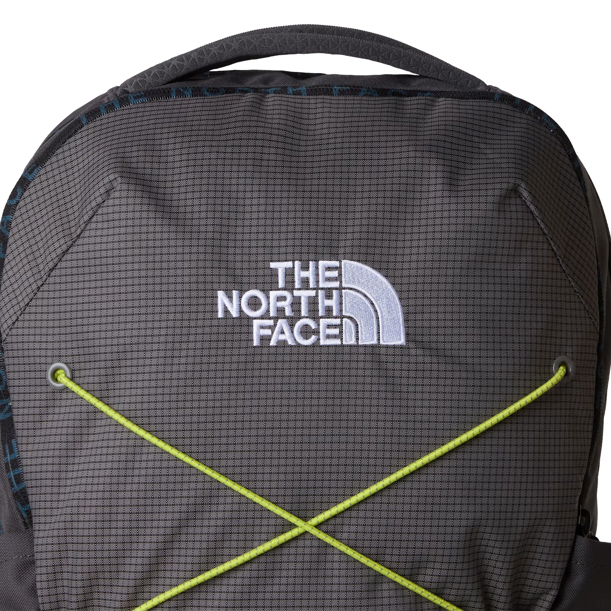 Mochila unissexo The North Face Jester em Cinza Anthracite/Smoked Pearl/Fizz Lime. Foto de destaque da parte da frente.