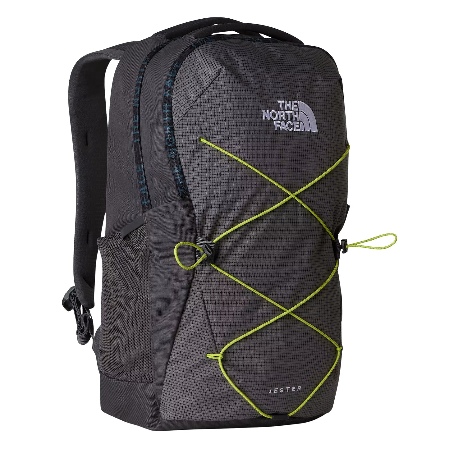 Mochila unissexo The North Face Jester em Cinza Anthracite/Smoked Pearl/Fizz Lime. Foto da parte da frente.