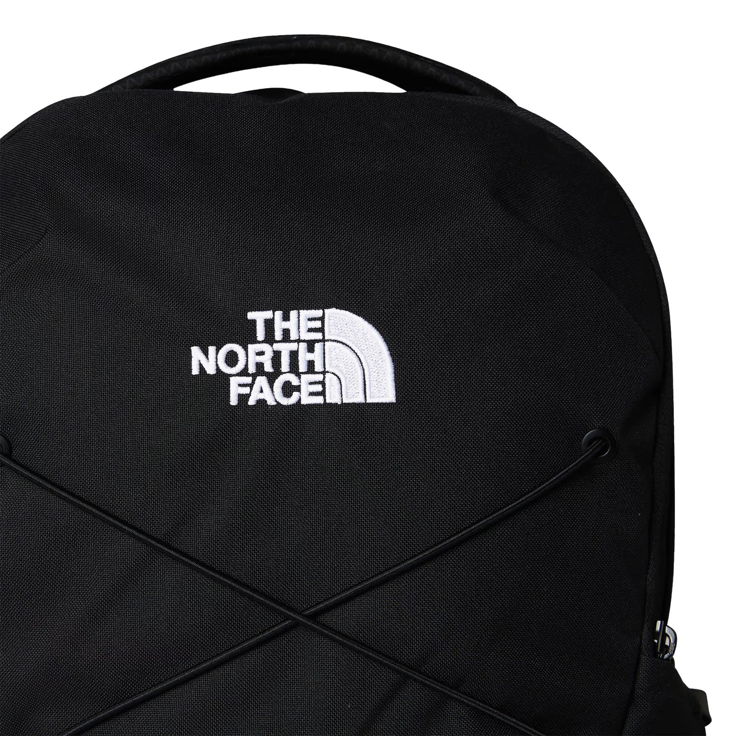 Mochila unissexo The North Face Jester em Preto TNF/NPF. Foto de detalhe da parte da frente.